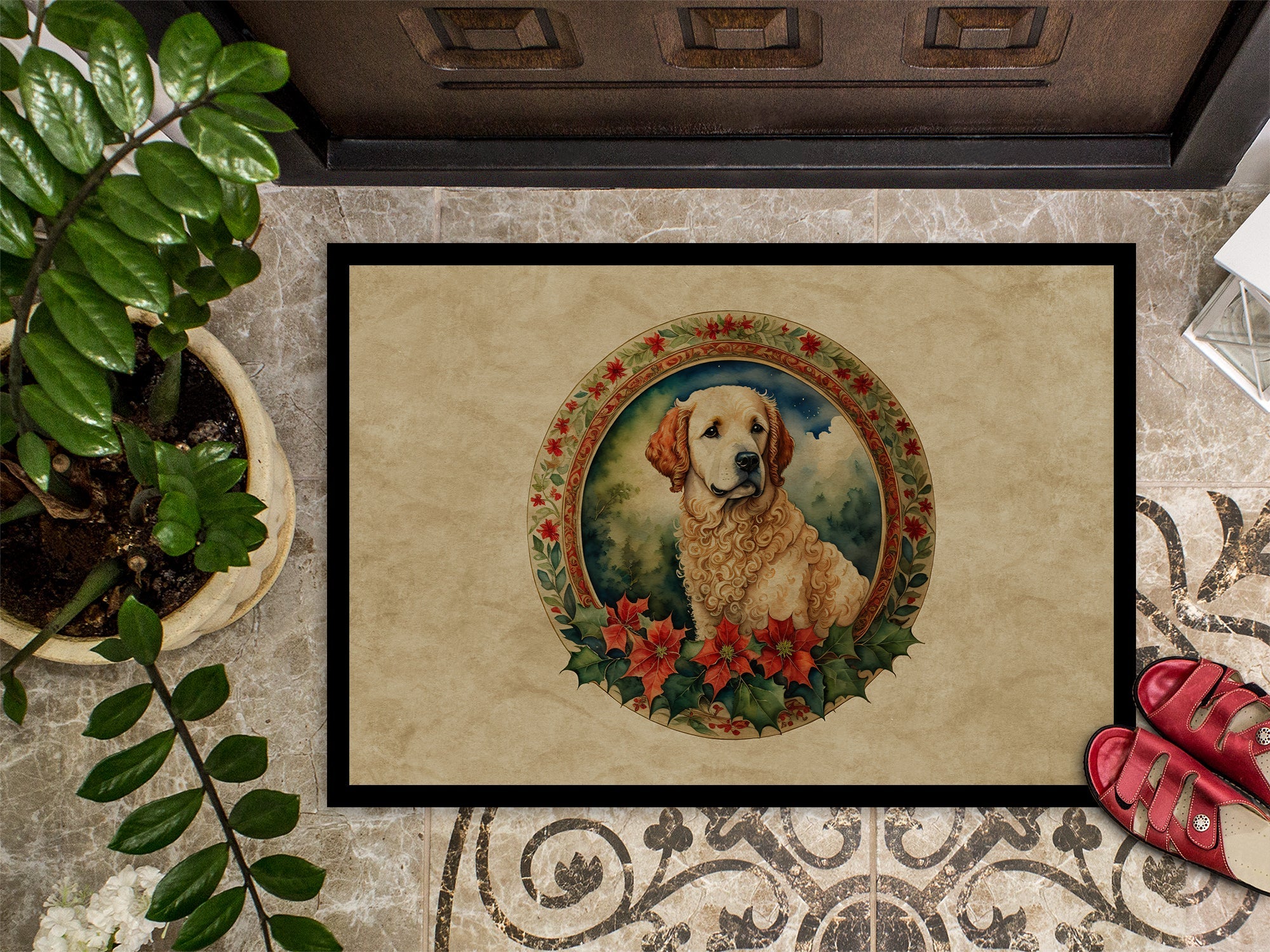 Kuvasz Christmas Flowers Doormat Indoor Outdoor 18H X 27W Front Door Mat Rugs for Entryway, Non Slip Washable