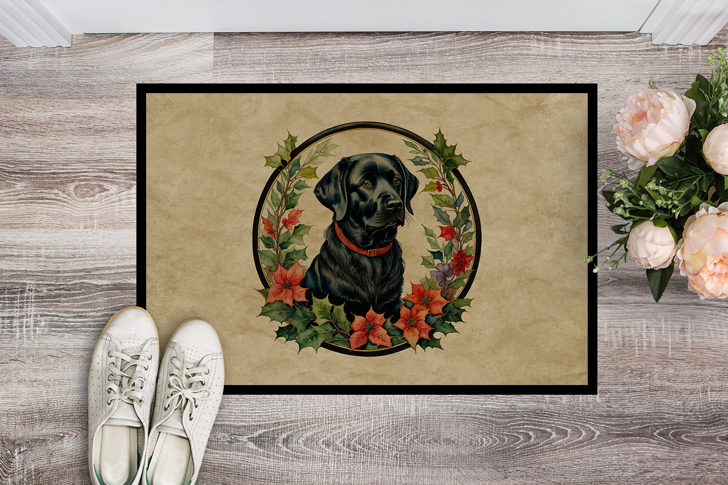 Labrador Retriever Christmas Flowers Doormat Indoor Outdoor 18H X 27W Front Door Mat Rugs for Entryway, Non Slip Washable