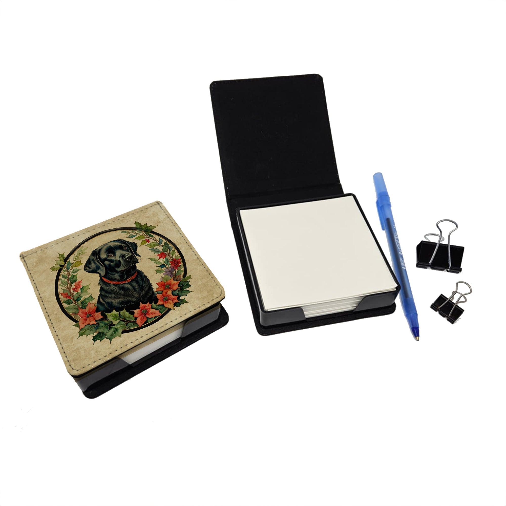 Labrador Retriever Christmas Flowers PU Leather Note Paper Holder with Artist-Designed Cover, Desk Accessory, Office Gift