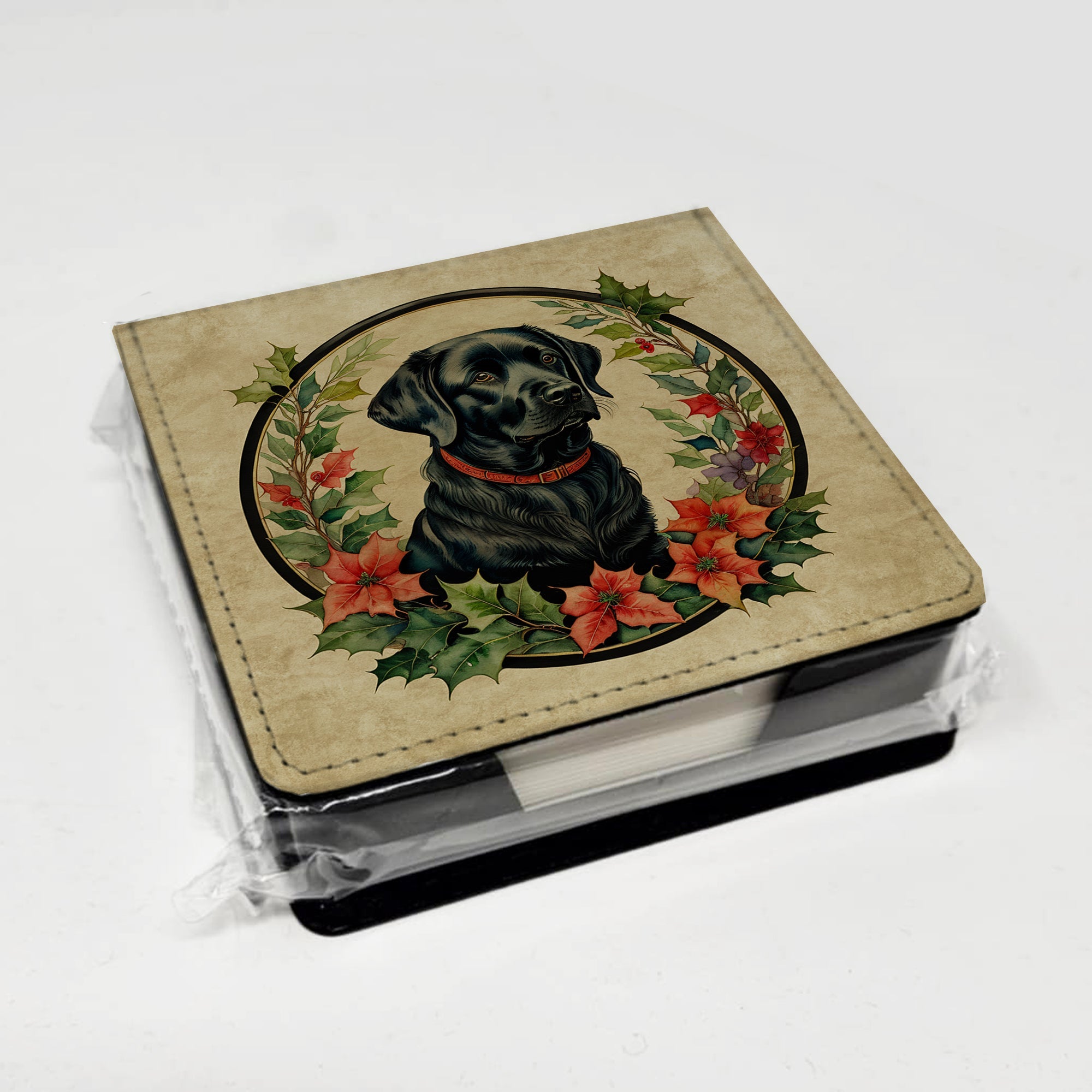 Labrador Retriever Christmas Flowers PU Leather Note Paper Holder with Artist-Designed Cover, Desk Accessory, Office Gift