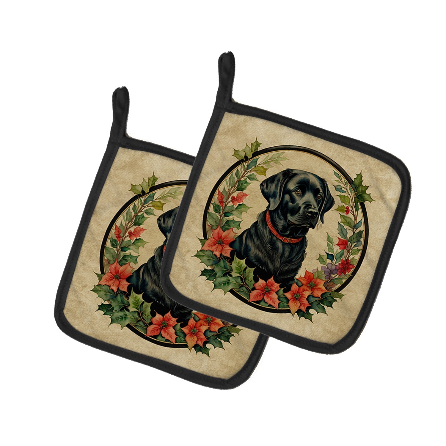 Labrador Retriever Christmas Flowers Pot Holder Set of 2 Heat Resistant Quilted Hot Pads 7.5 x 7.5 Inch, Insulated Kitchen Trivets for Cooking & Baking