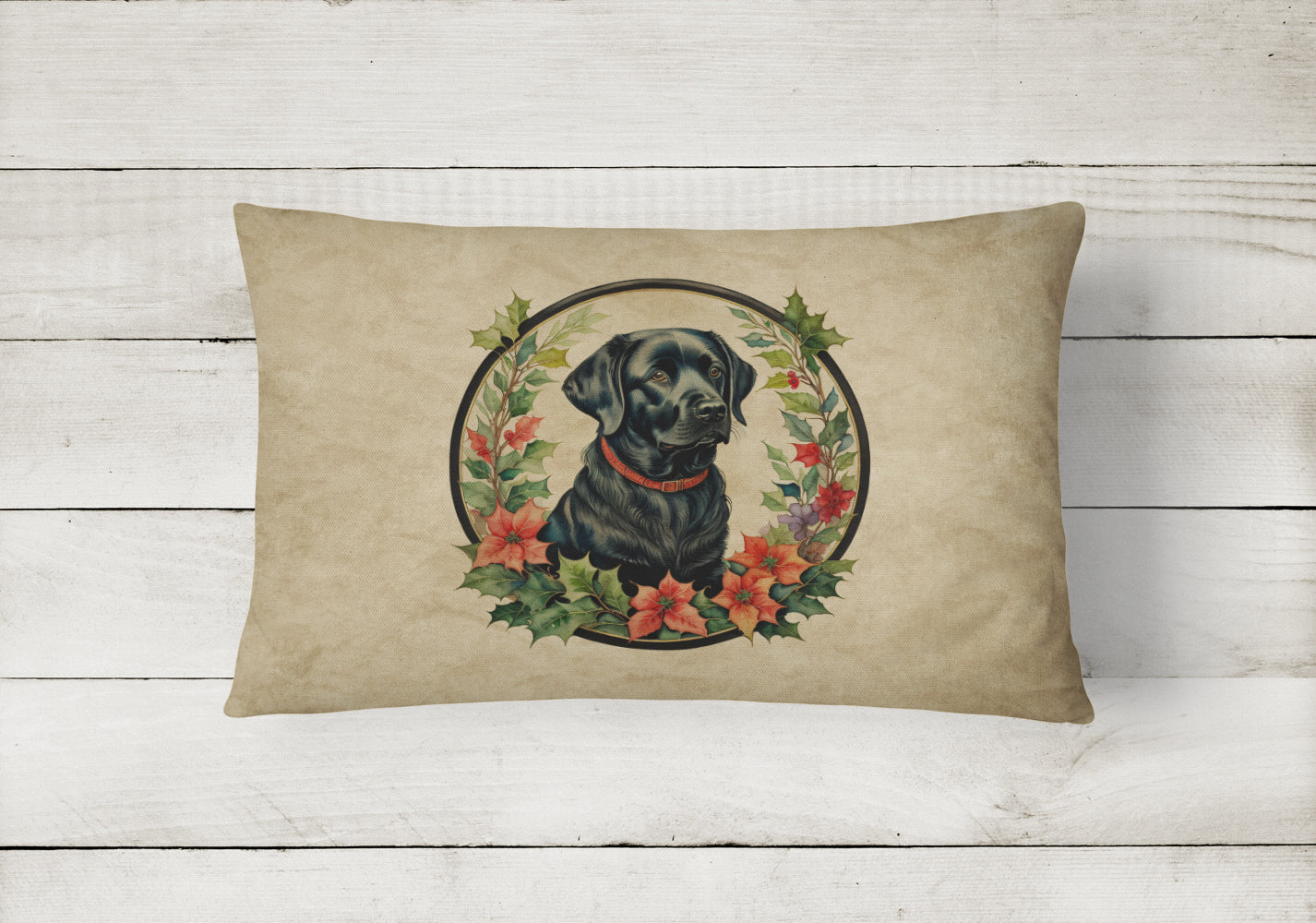 Labrador Retriever Christmas Flowers Decorative Throw Pillow 12x16 Indoor Outdoor Accent Cushion, Fabric Cover with Insert for Sofa, Bed, Porch & Living Room