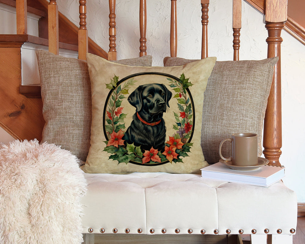Labrador Retriever Christmas Flowers Decorative Throw Pillow 14x14 Indoor Outdoor Accent Cushion, Fabric Cover with Insert for Sofa, Bed, Porch & Living Room
