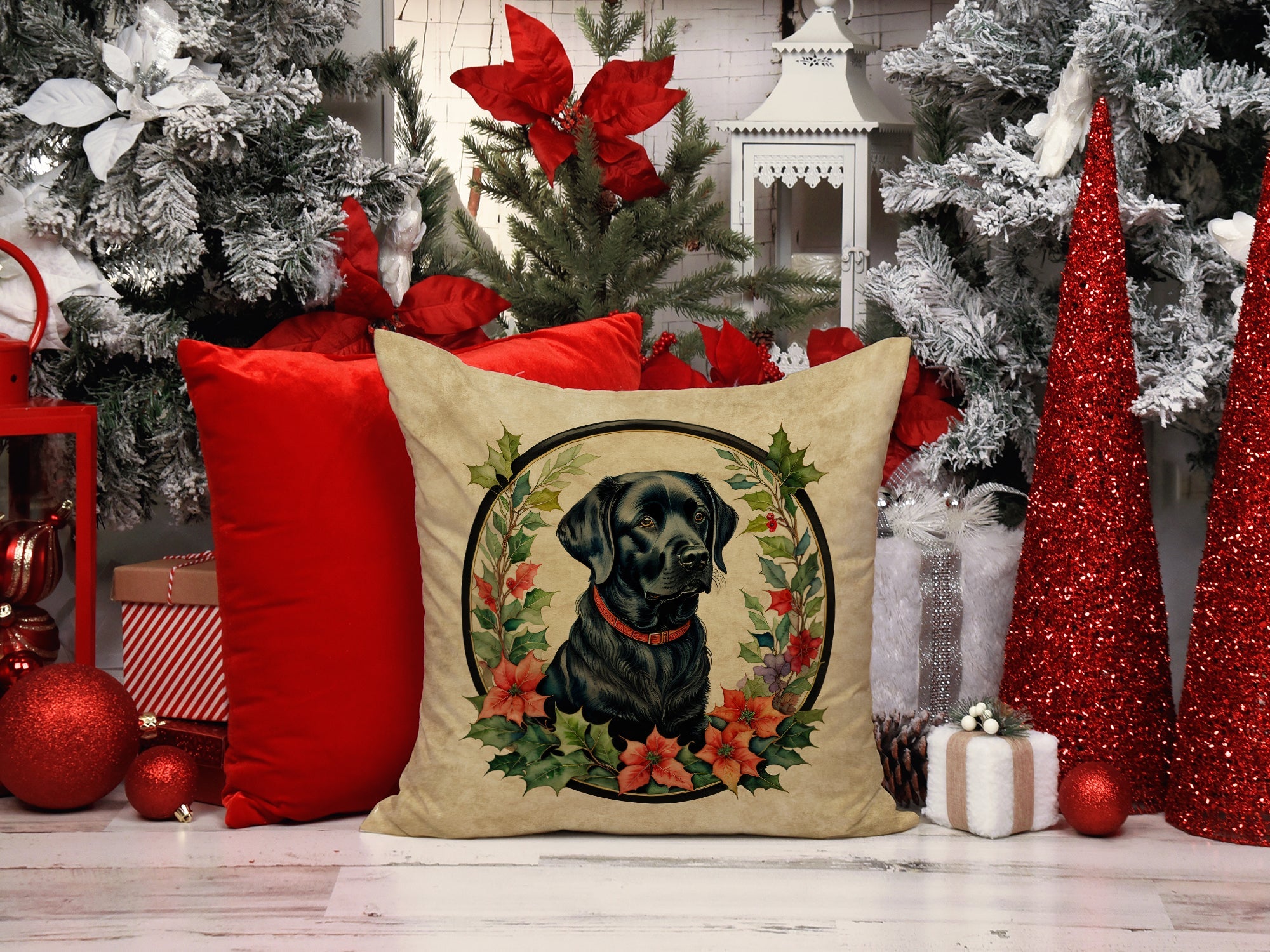 Labrador Retriever Christmas Flowers Decorative Throw Pillow 18x18 Indoor Outdoor Accent Cushion, Fabric Cover with Insert for Sofa, Bed, Porch & Living Room