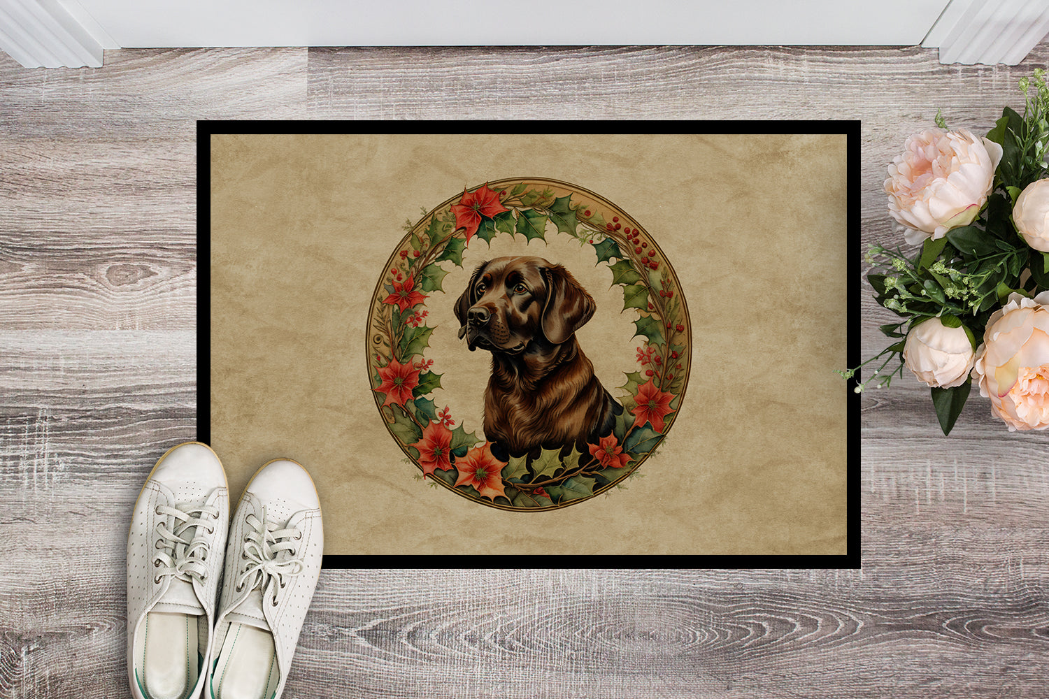 Labrador Retriever Christmas Flowers Doormat Indoor Outdoor 24H X 36W Front Door Mat Rugs for Entryway, Non Slip Washable Low Pile,