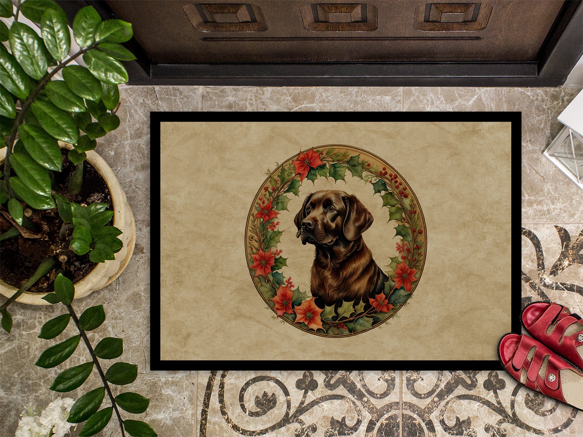 Labrador Retriever Christmas Flowers Doormat Indoor Outdoor 18H X 27W Front Door Mat Rugs for Entryway, Non Slip Washable