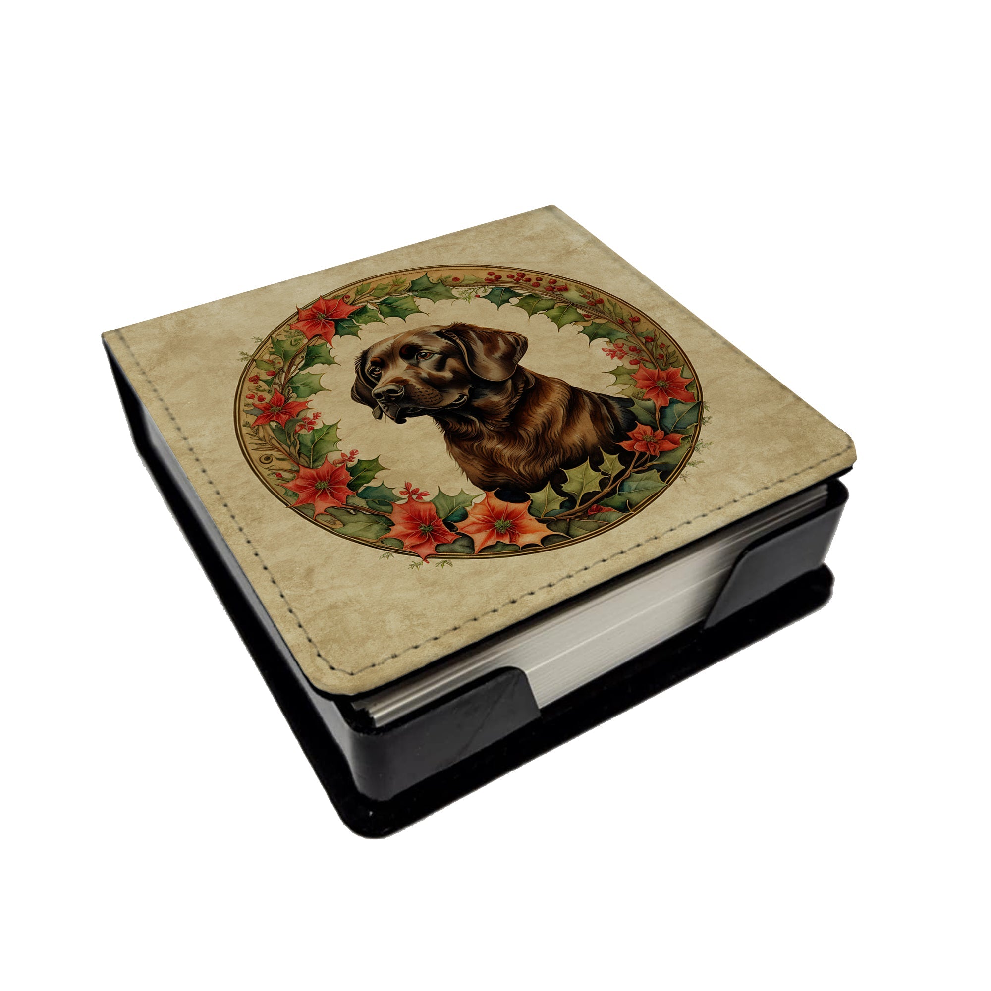 Labrador Retriever Christmas Flowers PU Leather Note Paper Holder with Artist-Designed Cover, Desk Accessory, Office Gift