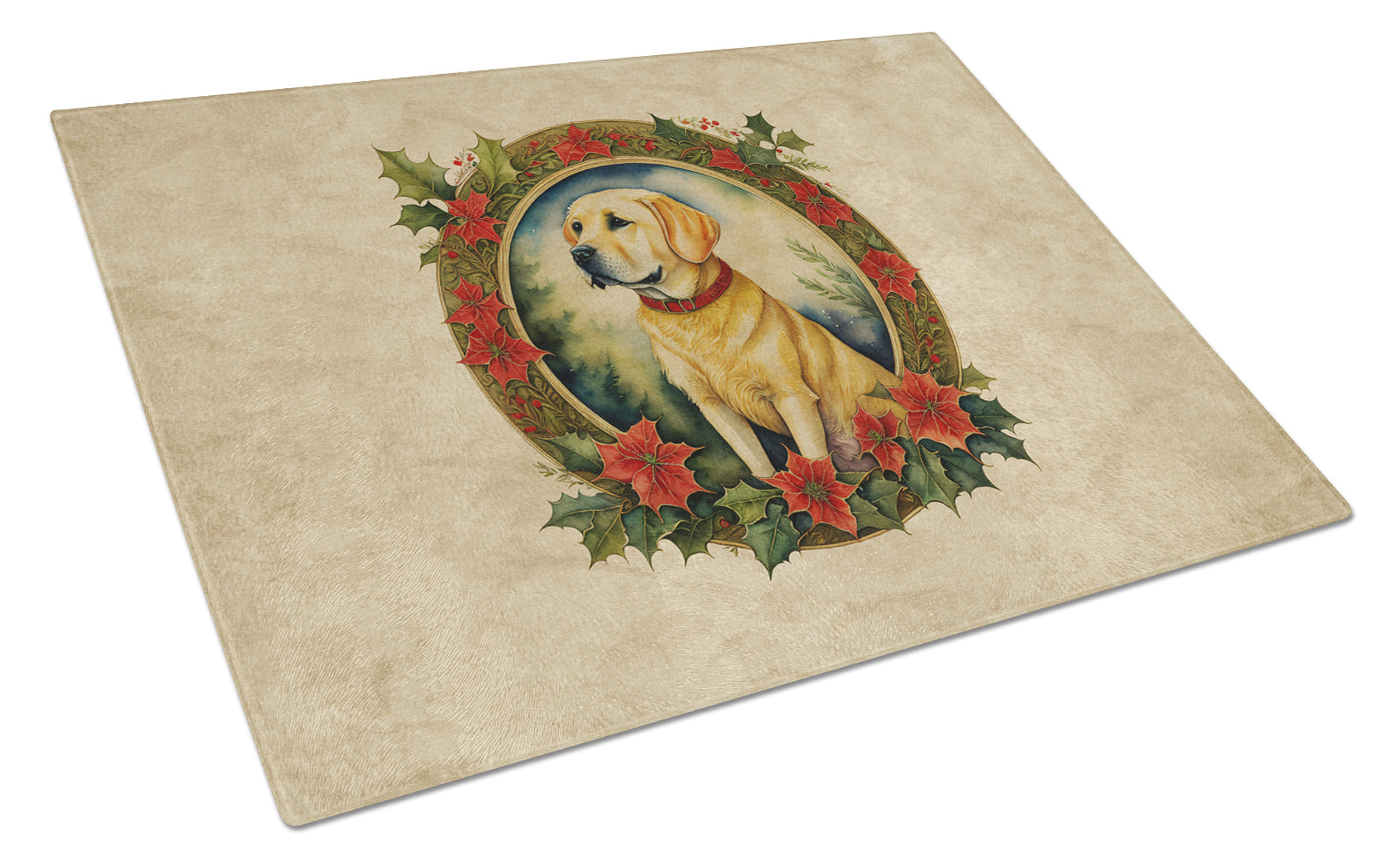 Labrador Retriever Christmas Flowers Cutting Board Tempered Glass Kitchen Cutting Surface, Heat Resistant Chopping, Non-Slip Feet, Food Prep & Serving