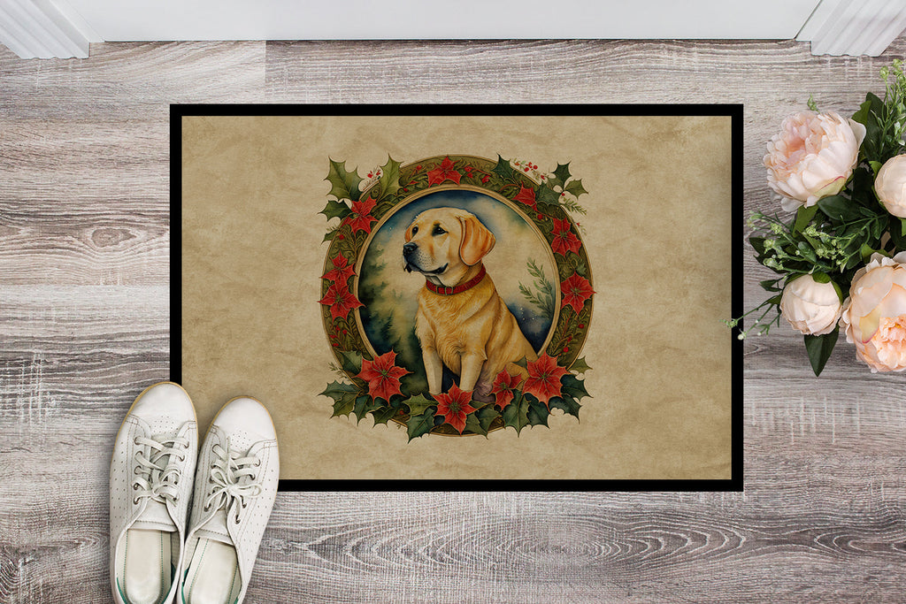 Labrador Retriever Christmas Flowers Doormat Indoor Outdoor 18H X 27W Front Door Mat Rugs for Entryway, Non Slip Washable