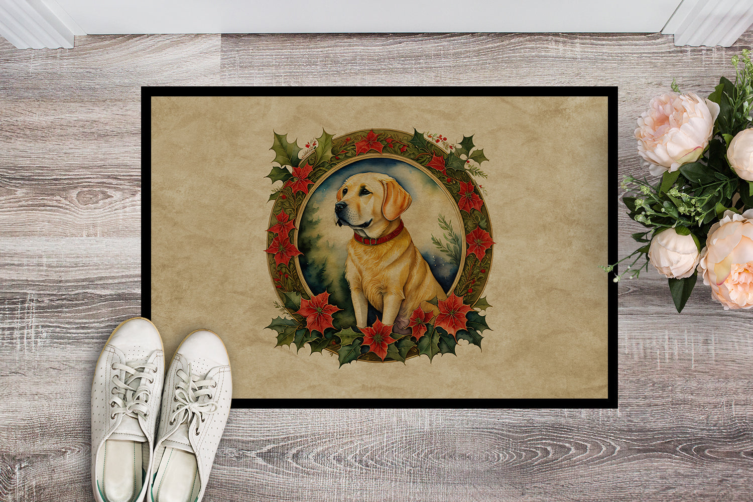 Labrador Retriever Christmas Flowers Doormat Indoor Outdoor 18H X 27W Front Door Mat Rugs for Entryway, Non Slip Washable