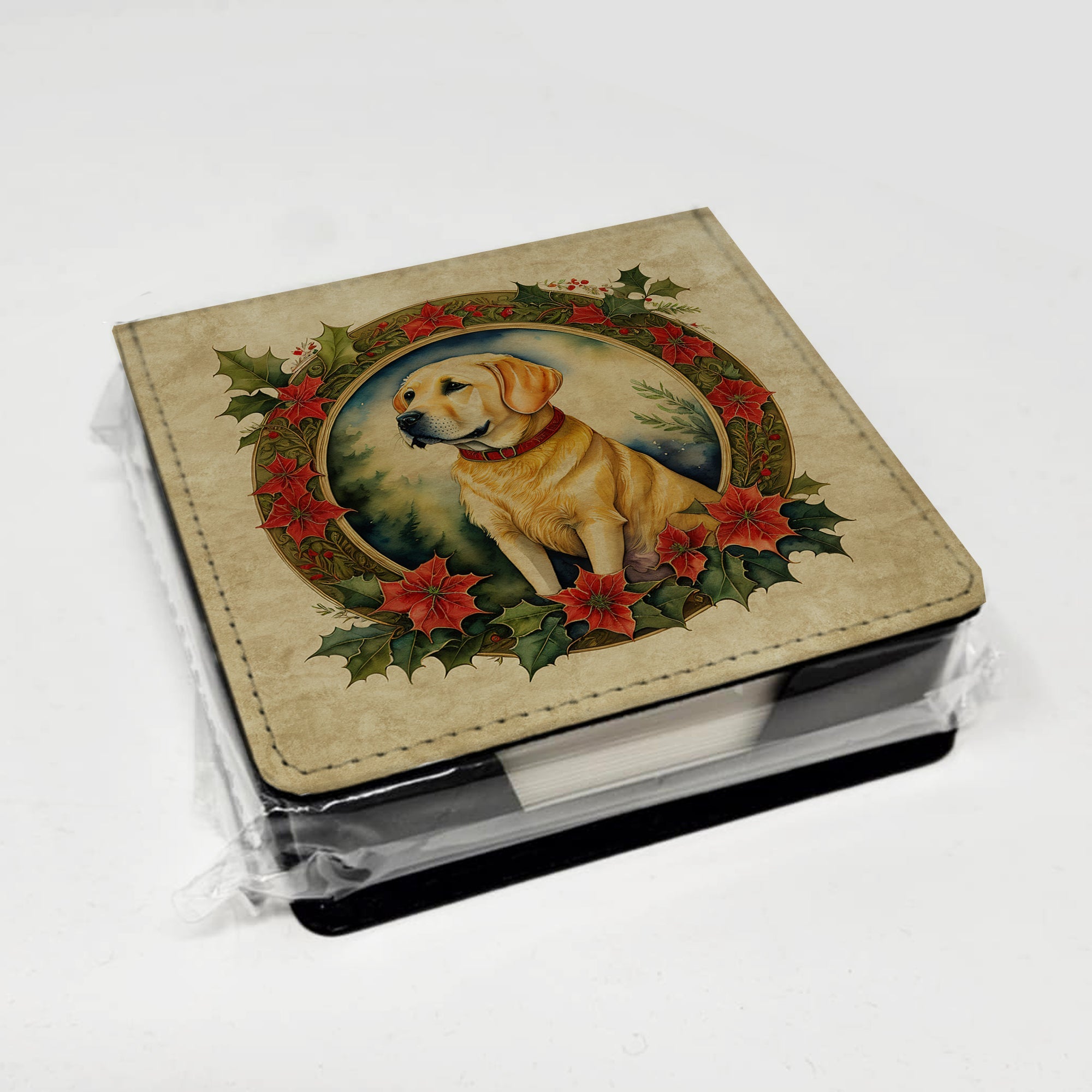 Labrador Retriever Christmas Flowers PU Leather Note Paper Holder with Artist-Designed Cover, Desk Accessory, Office Gift