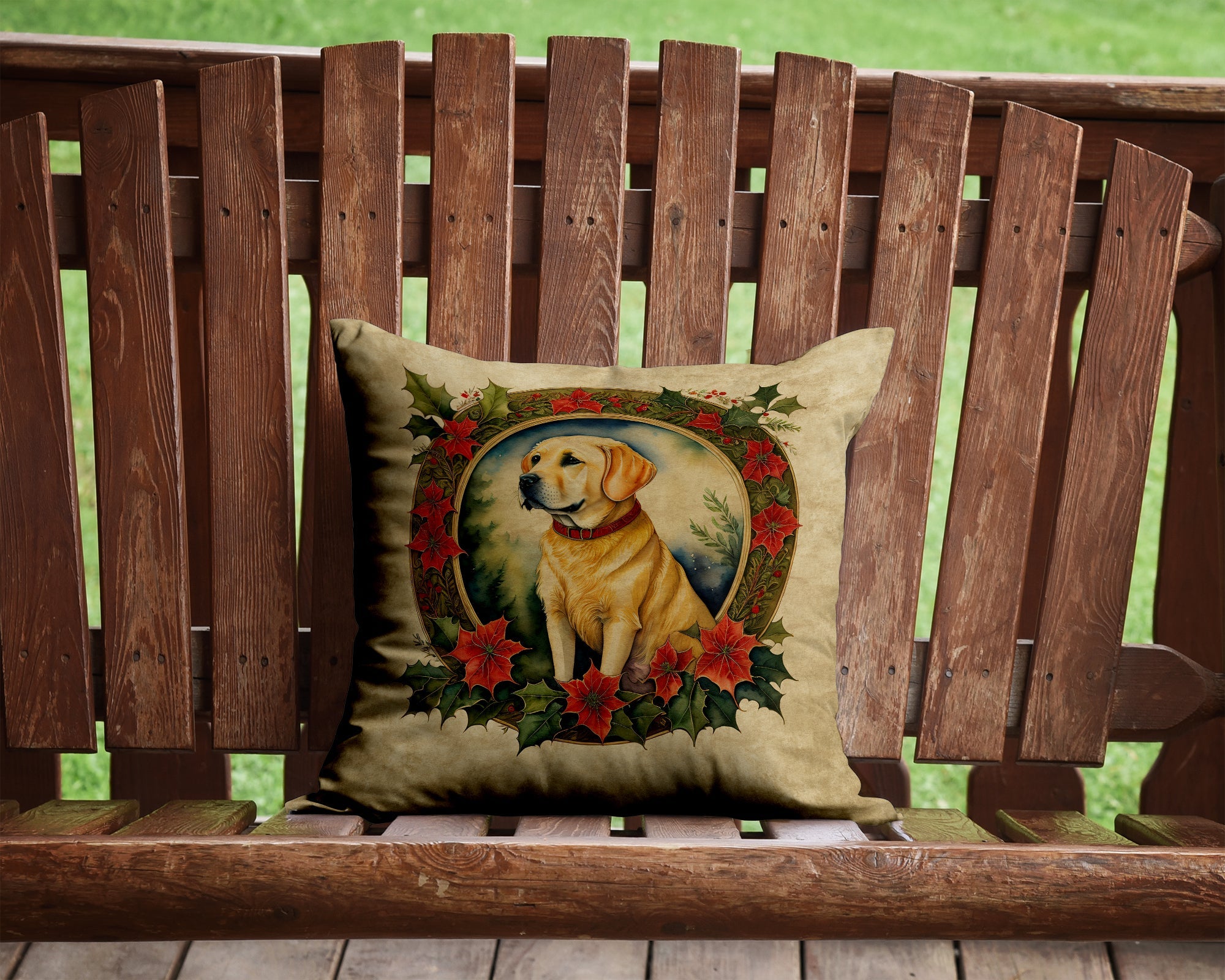 Labrador Retriever Christmas Flowers Decorative Throw Pillow 14x14 Indoor Outdoor Accent Cushion, Fabric Cover with Insert for Sofa, Bed, Porch & Living Room