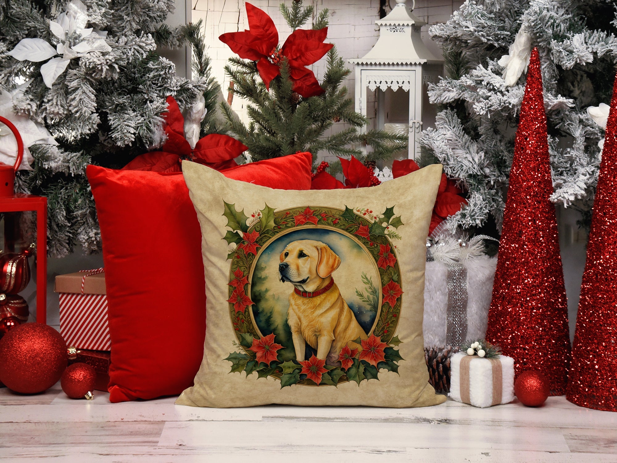 Labrador Retriever Christmas Flowers Decorative Throw Pillow 18x18 Indoor Outdoor Accent Cushion, Fabric Cover with Insert for Sofa, Bed, Porch & Living Room