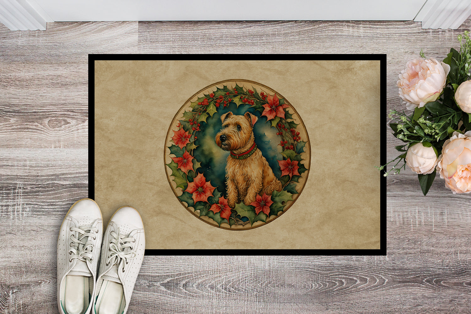 Lakeland Terrier Christmas Flowers Doormat Indoor Outdoor 24H X 36W Front Door Mat Rugs for Entryway, Non Slip Washable Low Pile,