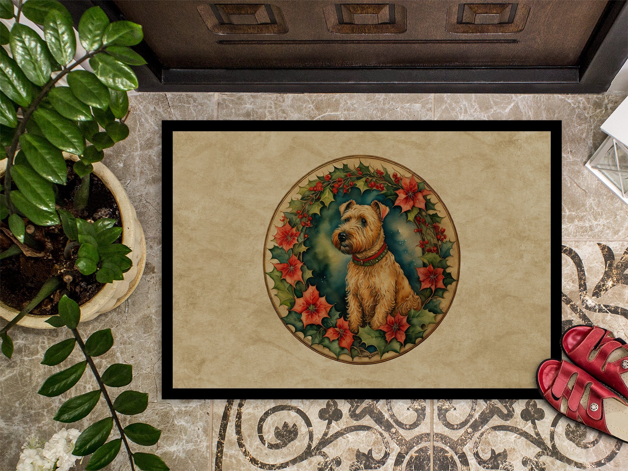 Lakeland Terrier Christmas Flowers Doormat Indoor Outdoor 24H X 36W Front Door Mat Rugs for Entryway, Non Slip Washable Low Pile,