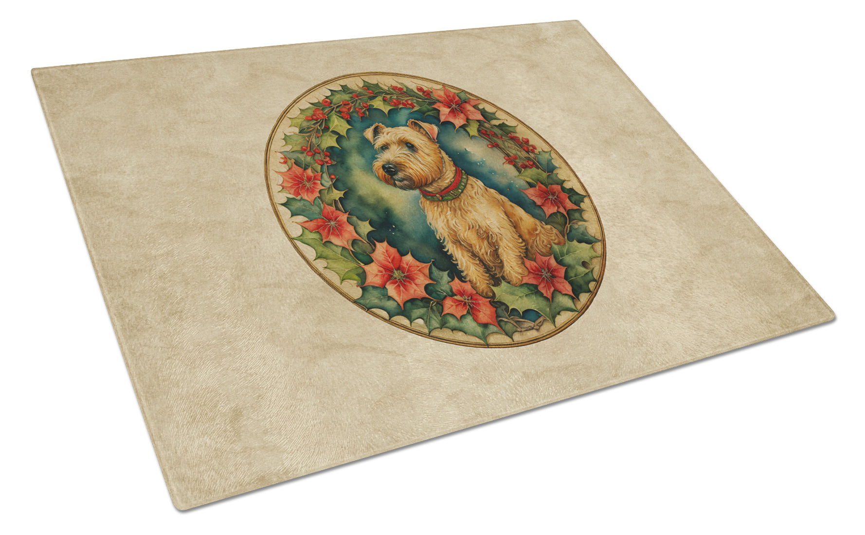 Lakeland Terrier Christmas Flowers Cutting Board Tempered Glass Kitchen Cutting Surface, Heat Resistant Chopping, Non-Slip Feet, Food Prep & Serving