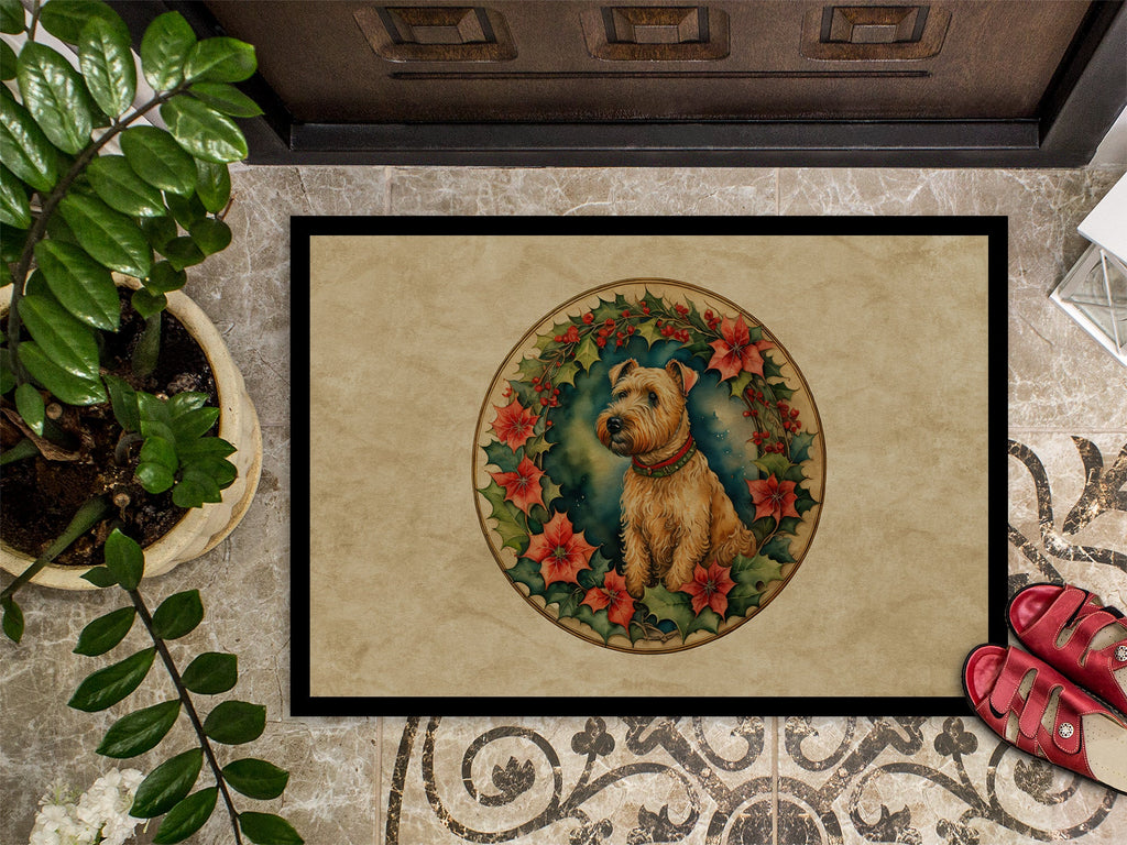 Lakeland Terrier Christmas Flowers Doormat Indoor Outdoor 18H X 27W Front Door Mat Rugs for Entryway, Non Slip Washable