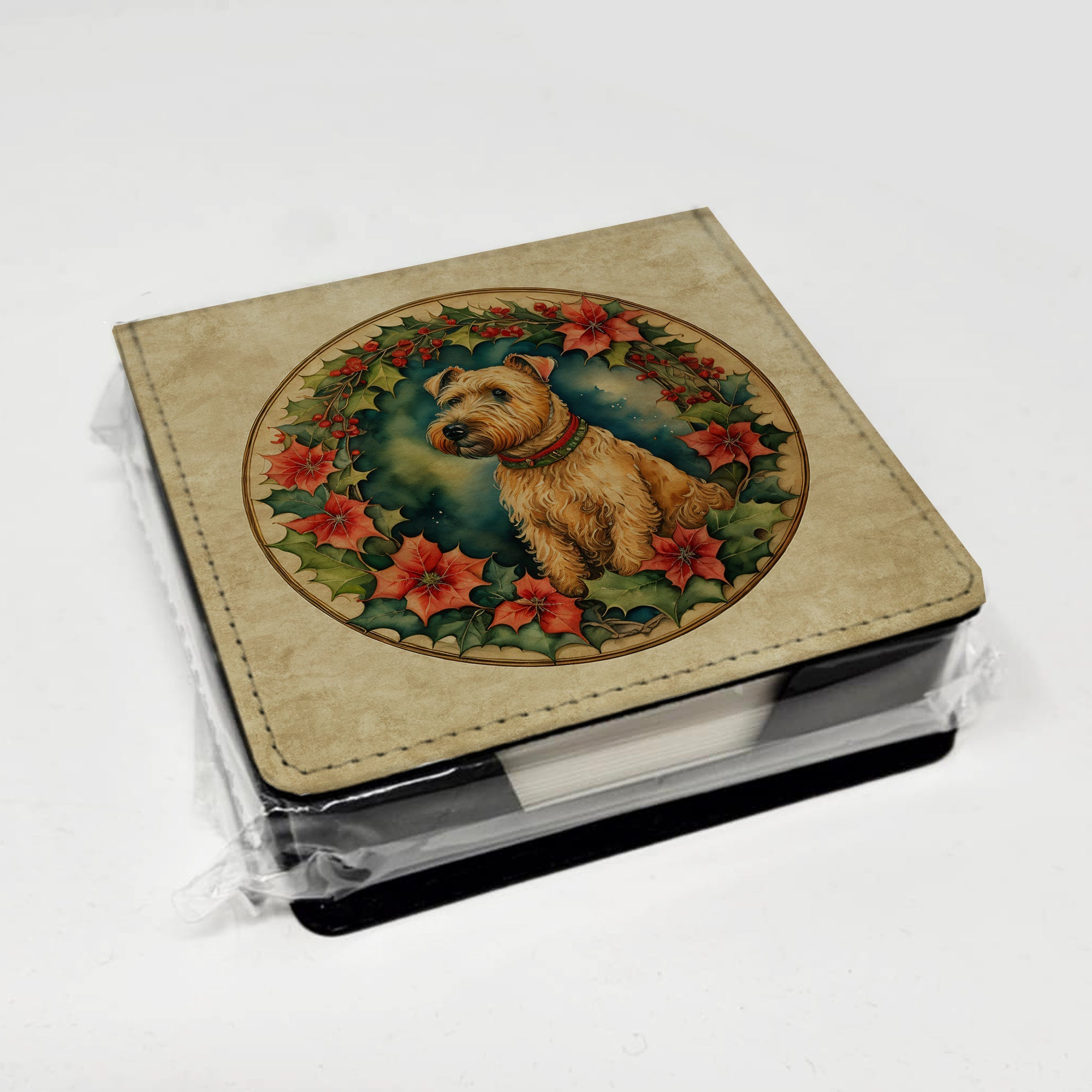 Lakeland Terrier Christmas Flowers PU Leather Note Paper Holder with Artist-Designed Cover, Desk Accessory, Office Gift