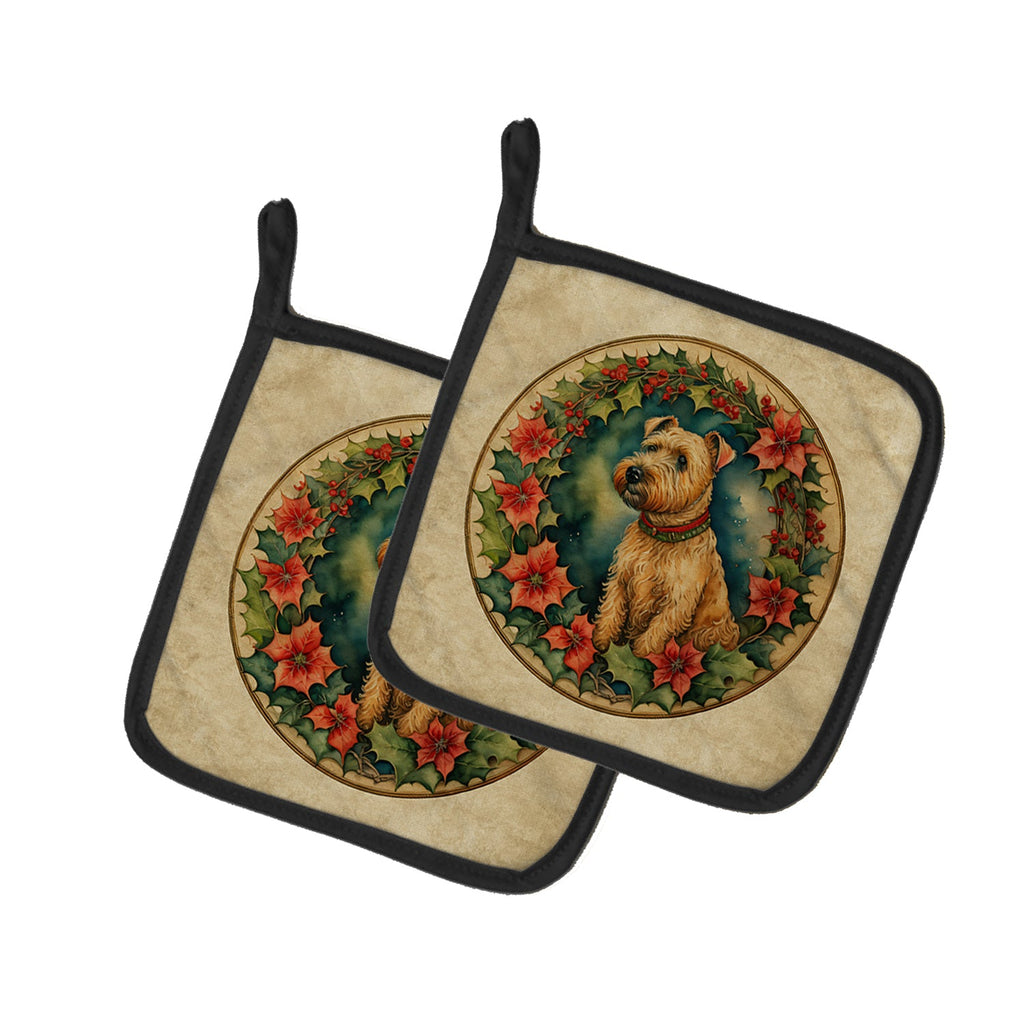 Lakeland Terrier Christmas Flowers Pot Holder Set of 2 Heat Resistant Quilted Hot Pads 7.5 x 7.5 Inch, Insulated Kitchen Trivets for Cooking & Baking