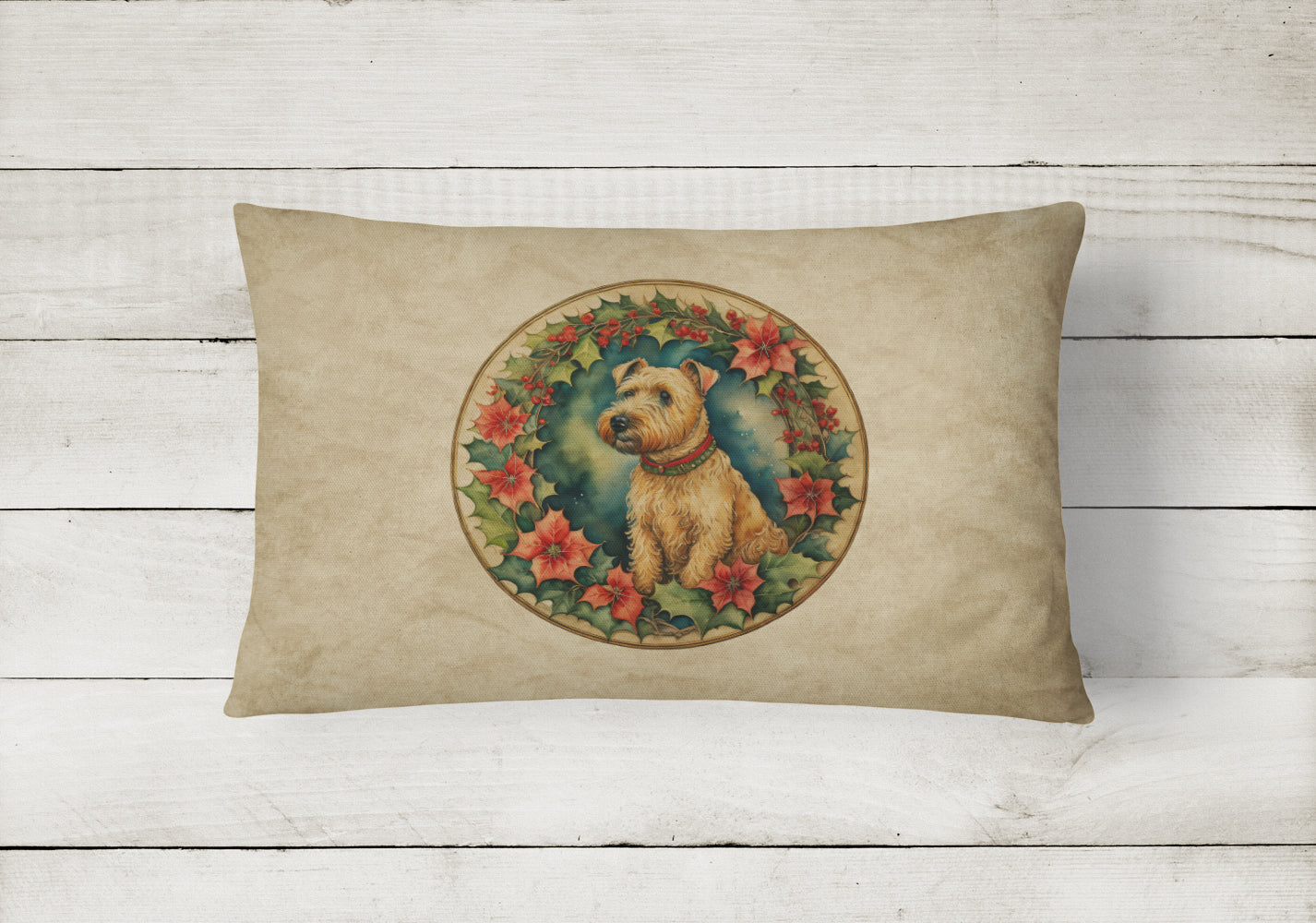 Lakeland Terrier Christmas Flowers Decorative Throw Pillow 12x16 Indoor Outdoor Accent Cushion, Fabric Cover with Insert for Sofa, Bed, Porch & Living Room