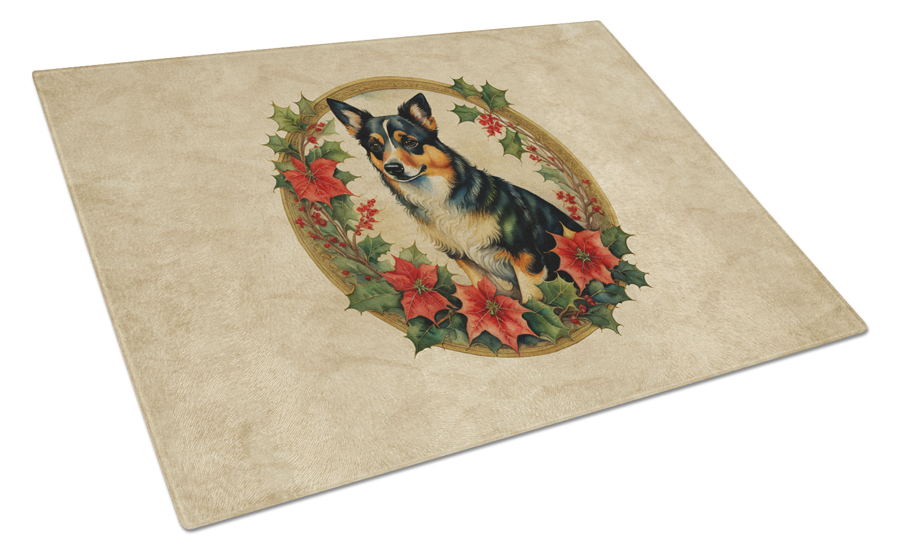 Lancashire Heeler Christmas Flowers Cutting Board Tempered Glass Kitchen Cutting Surface, Heat Resistant Chopping, Non-Slip Feet, Food Prep & Serving