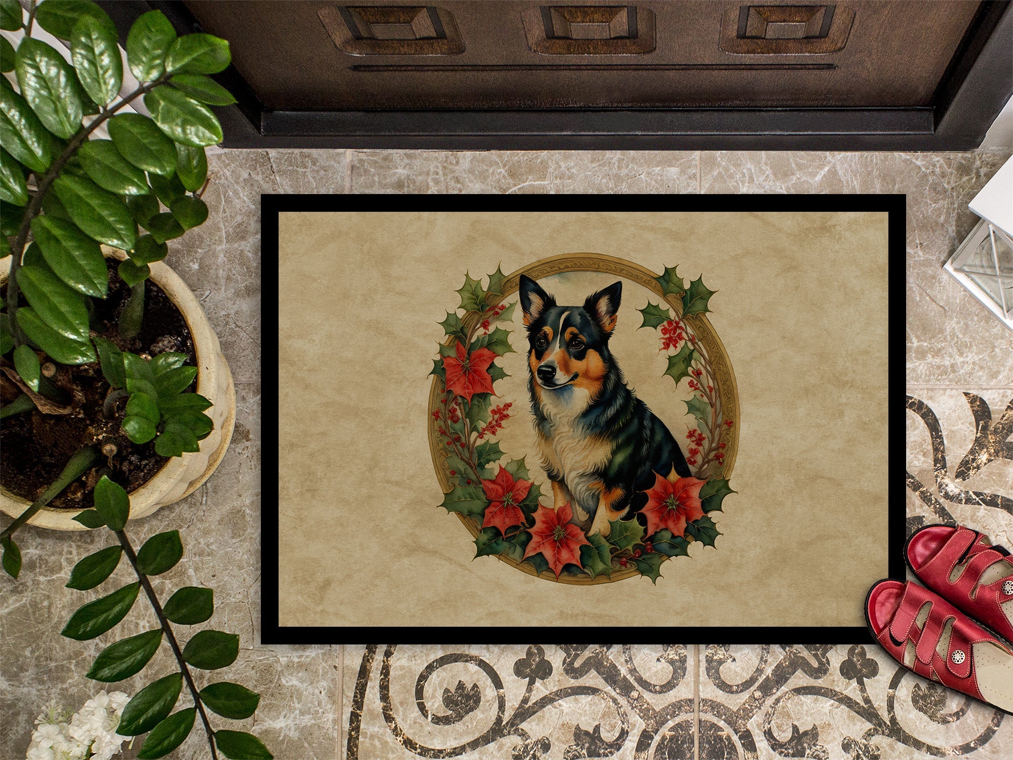 Lancashire Heeler Christmas Flowers Doormat Indoor Outdoor 18H X 27W Front Door Mat Rugs for Entryway, Non Slip Washable