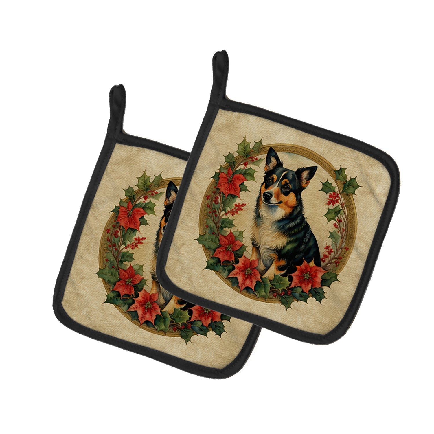 Lancashire Heeler Christmas Flowers Pot Holder Set of 2 Heat Resistant Quilted Hot Pads 7.5 x 7.5 Inch, Insulated Kitchen Trivets for Cooking & Baking