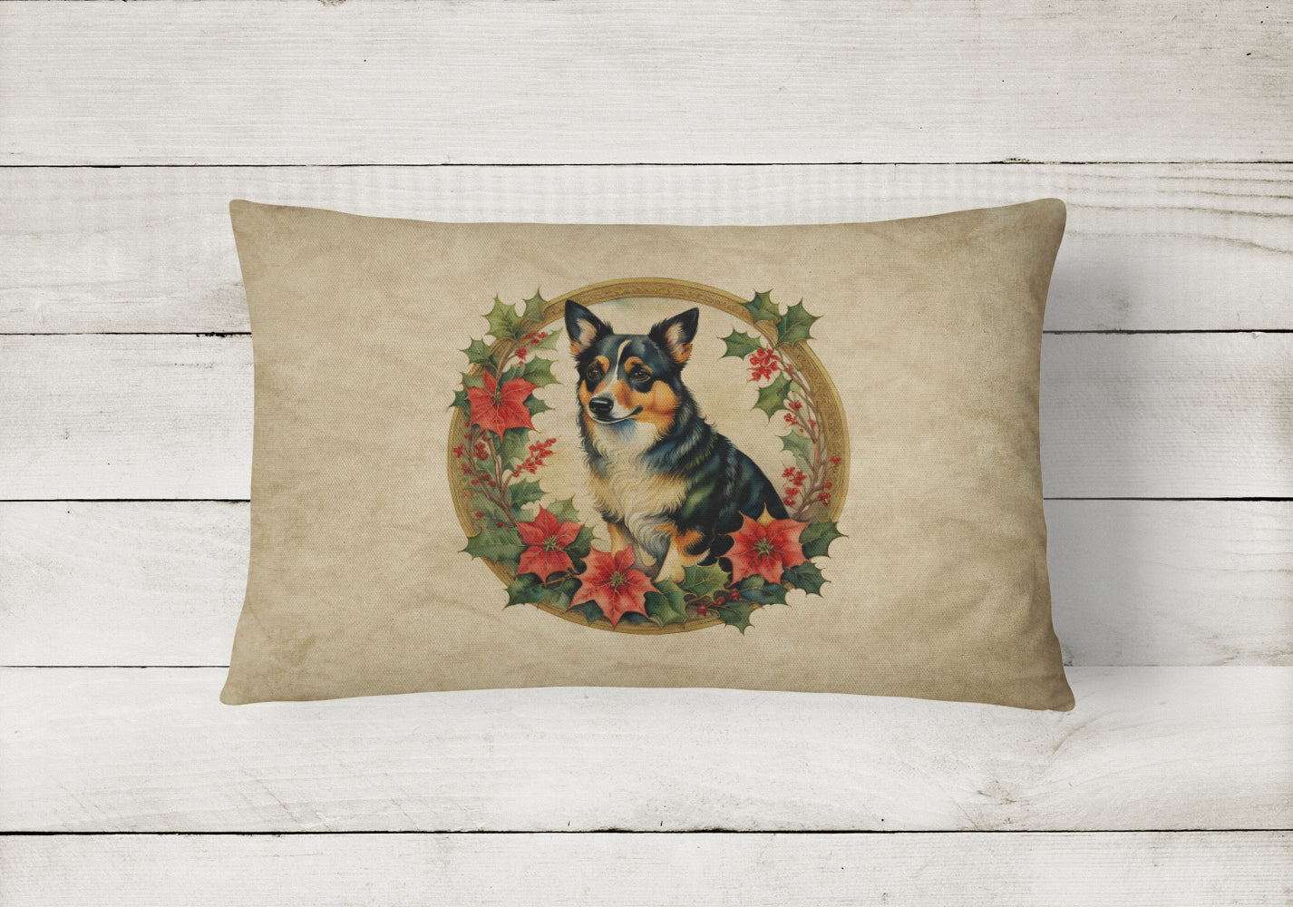 Lancashire Heeler Christmas Flowers Decorative Throw Pillow 12x16 Indoor Outdoor Accent Cushion, Fabric Cover with Insert for Sofa, Bed, Porch & Living Room