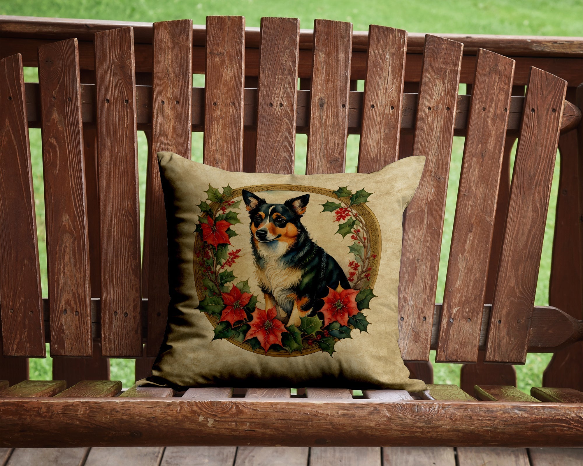 Lancashire Heeler Christmas Flowers Decorative Throw Pillow 14x14 Indoor Outdoor Accent Cushion, Fabric Cover with Insert for Sofa, Bed, Porch & Living Room