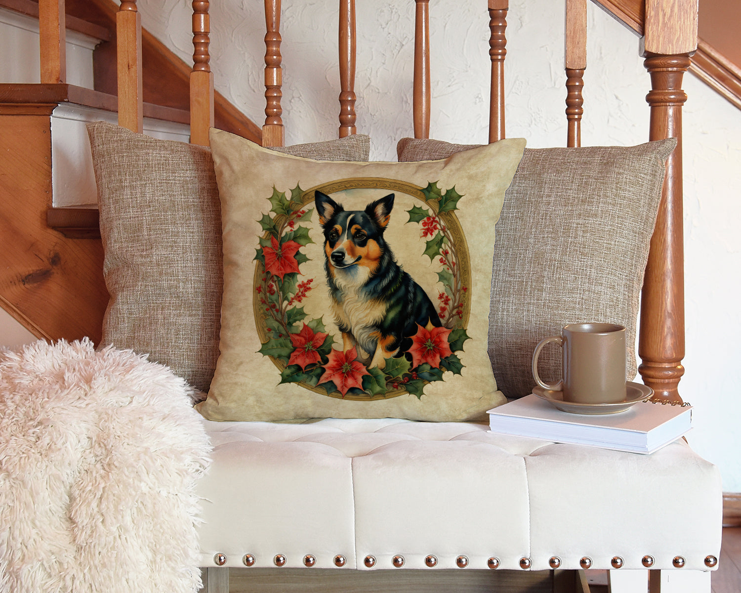 Lancashire Heeler Christmas Flowers Decorative Throw Pillow 14x14 Indoor Outdoor Accent Cushion, Fabric Cover with Insert for Sofa, Bed, Porch & Living Room