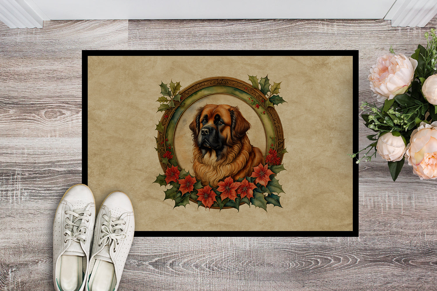 Leonberger Christmas Flowers Doormat Indoor Outdoor 24H X 36W Front Door Mat Rugs for Entryway, Non Slip Washable Low Pile,