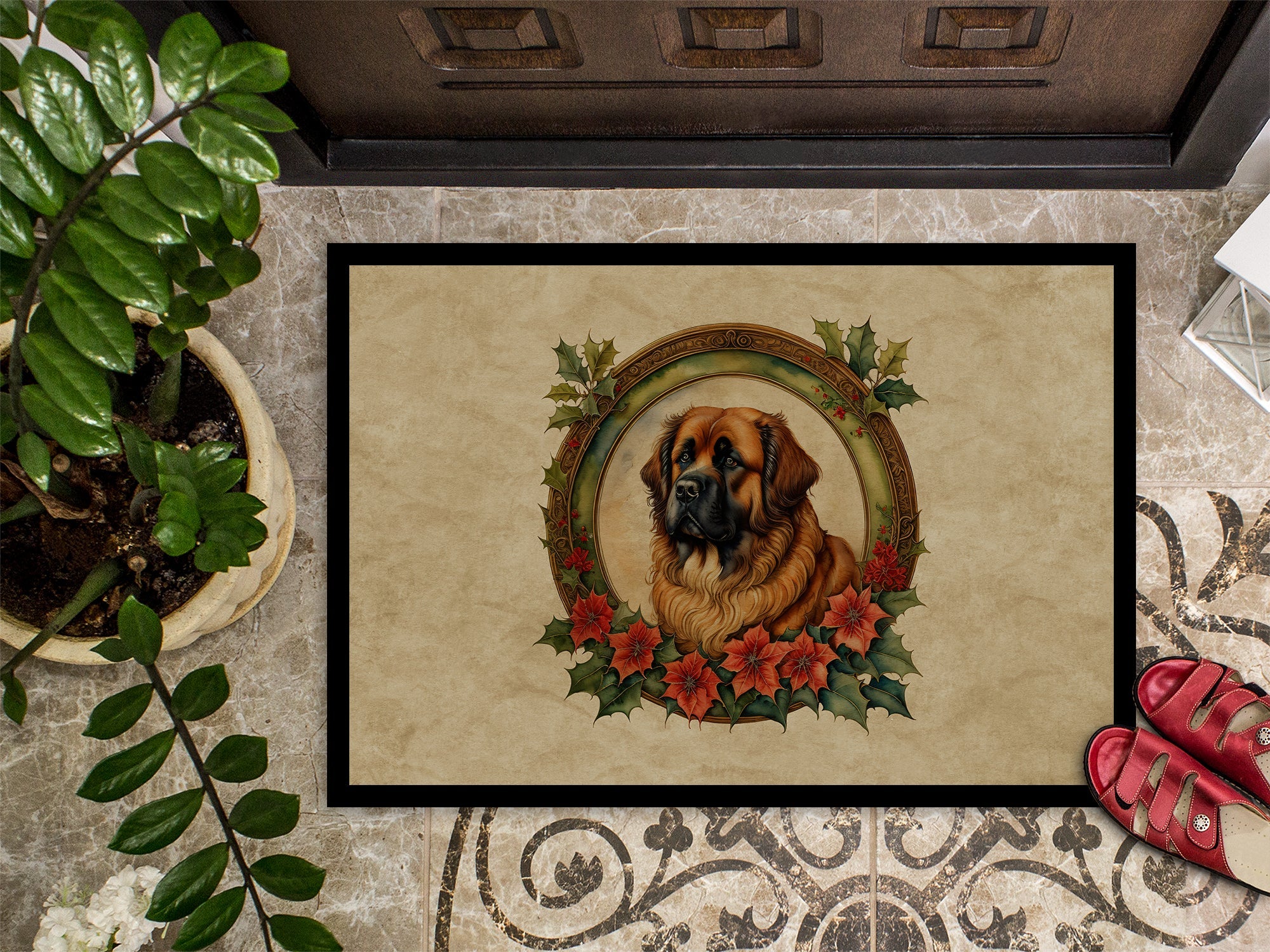 Leonberger Christmas Flowers Doormat Indoor Outdoor 24H X 36W Front Door Mat Rugs for Entryway, Non Slip Washable Low Pile,