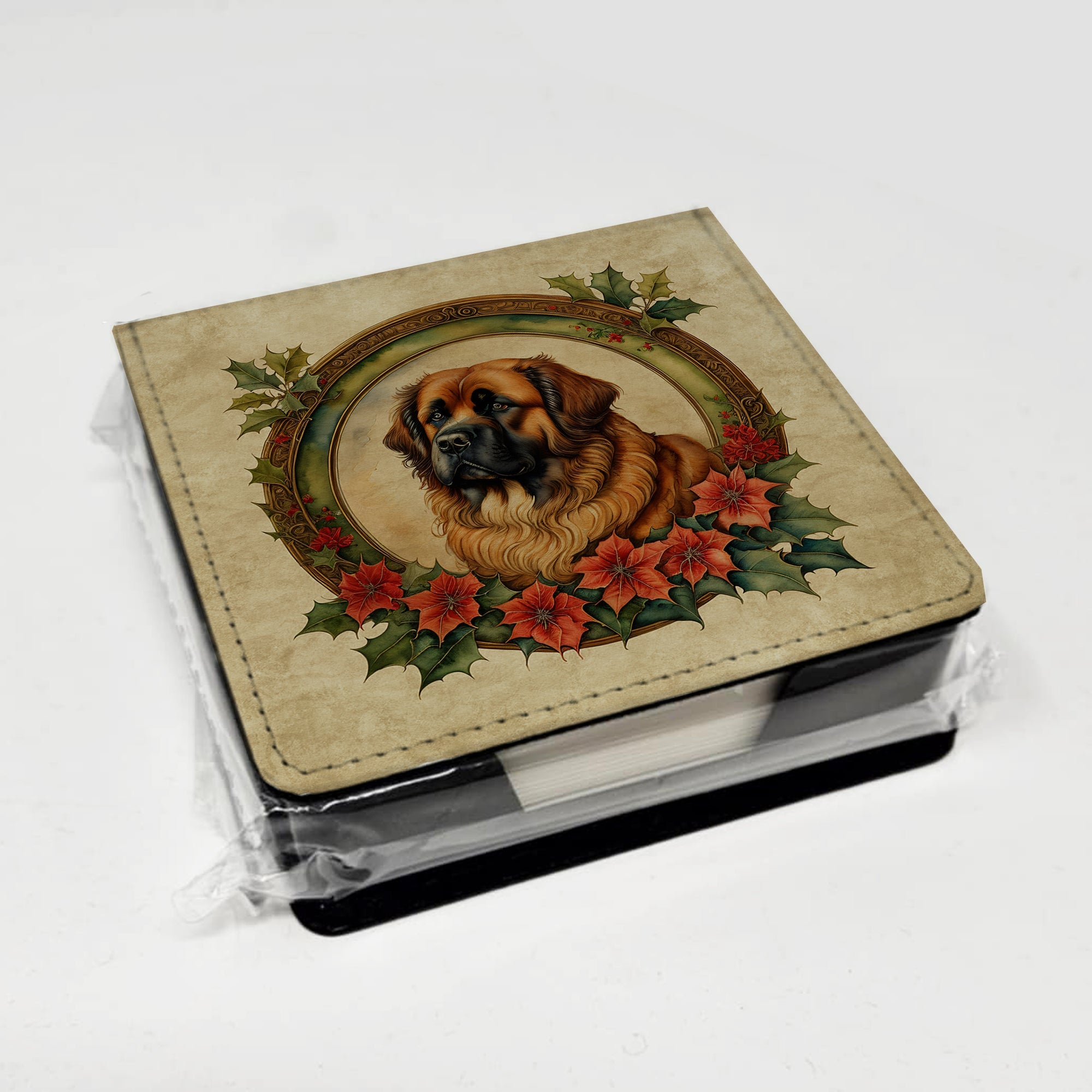 Leonberger Christmas Flowers PU Leather Note Paper Holder with Artist-Designed Cover, Desk Accessory, Office Gift