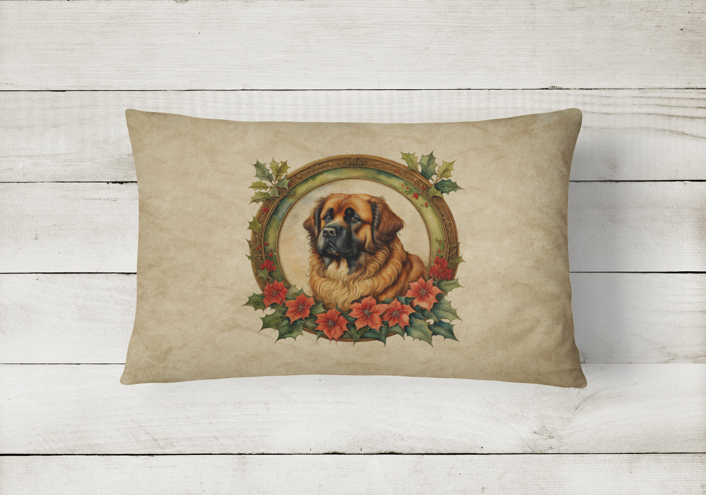 Leonberger Christmas Flowers Decorative Throw Pillow 12x16 Indoor Outdoor Accent Cushion, Fabric Cover with Insert for Sofa, Bed, Porch & Living Room