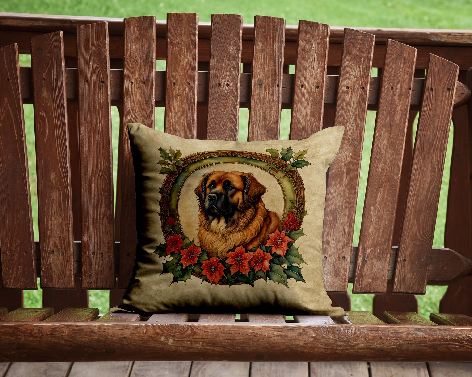 Leonberger Christmas Flowers Decorative Throw Pillow 14x14 Indoor Outdoor Accent Cushion, Fabric Cover with Insert for Sofa, Bed, Porch & Living Room