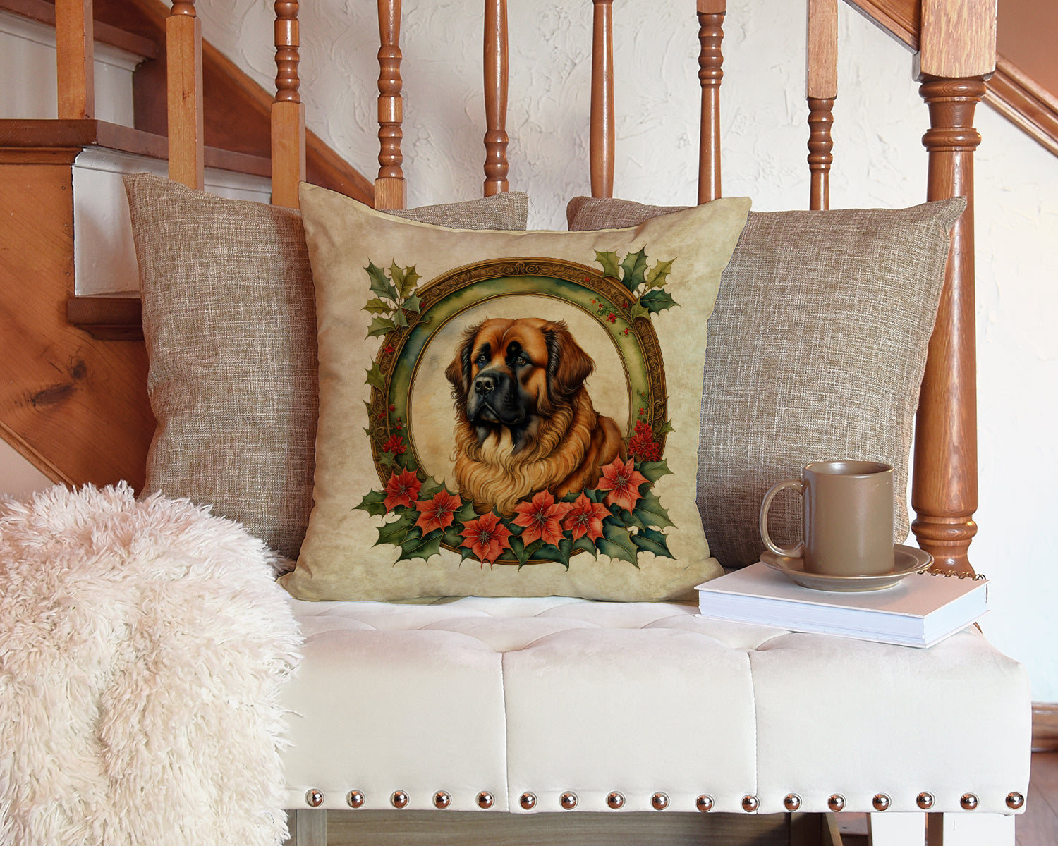 Leonberger Christmas Flowers Decorative Throw Pillow 14x14 Indoor Outdoor Accent Cushion, Fabric Cover with Insert for Sofa, Bed, Porch & Living Room