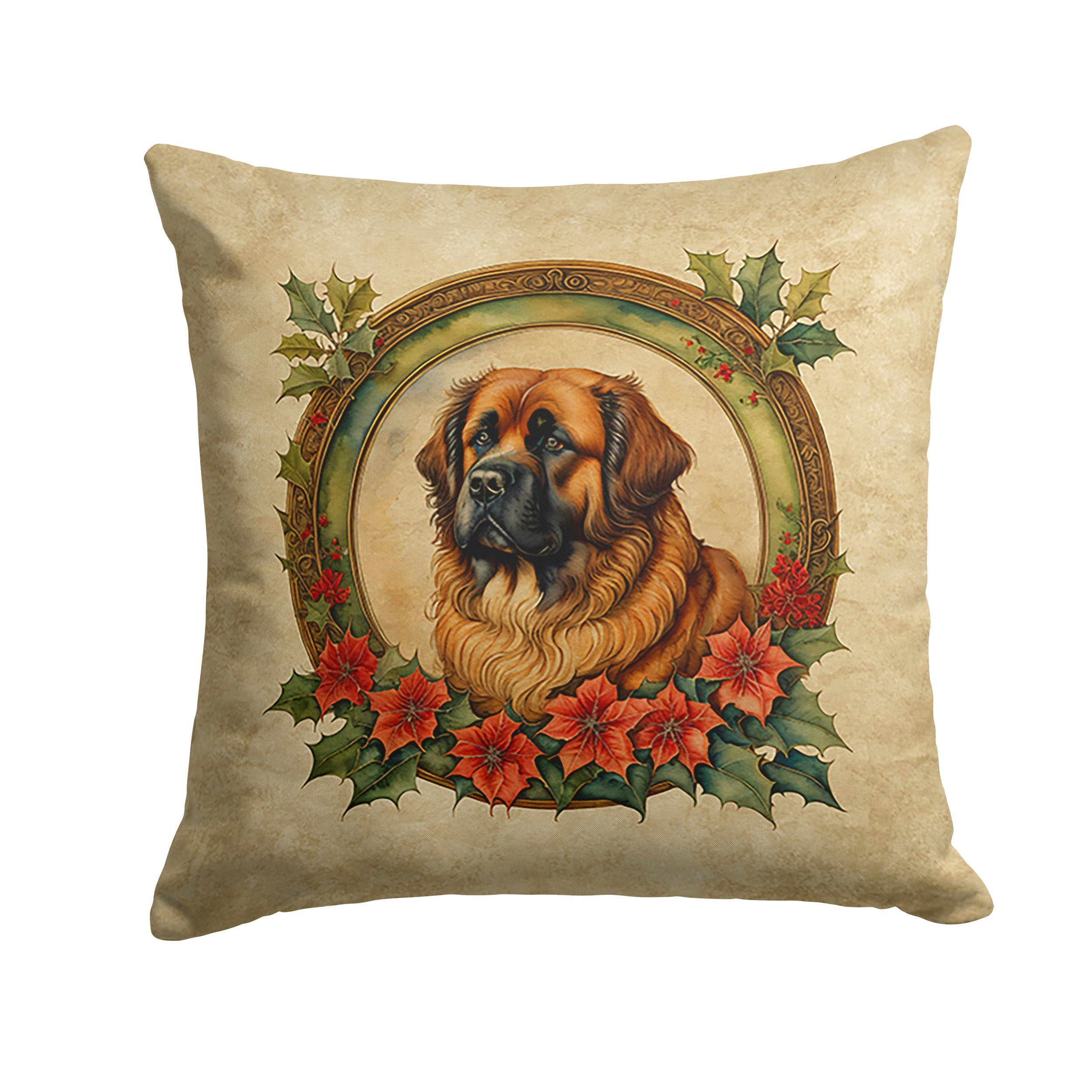 Leonberger Christmas Flowers Decorative Throw Pillow 18x18 Indoor Outdoor Accent Cushion, Fabric Cover with Insert for Sofa, Bed, Porch & Living Room