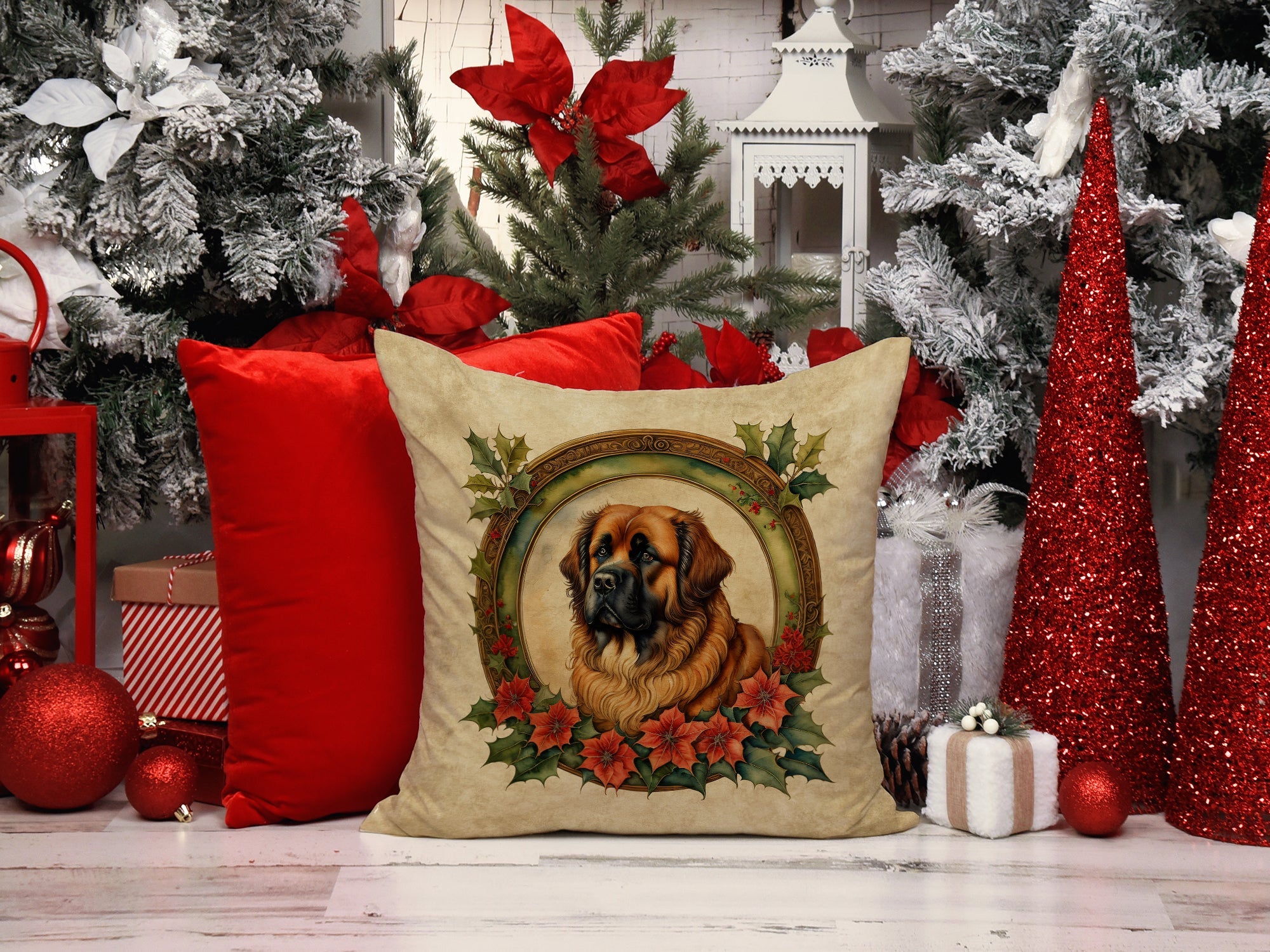 Leonberger Christmas Flowers Decorative Throw Pillow 18x18 Indoor Outdoor Accent Cushion, Fabric Cover with Insert for Sofa, Bed, Porch & Living Room