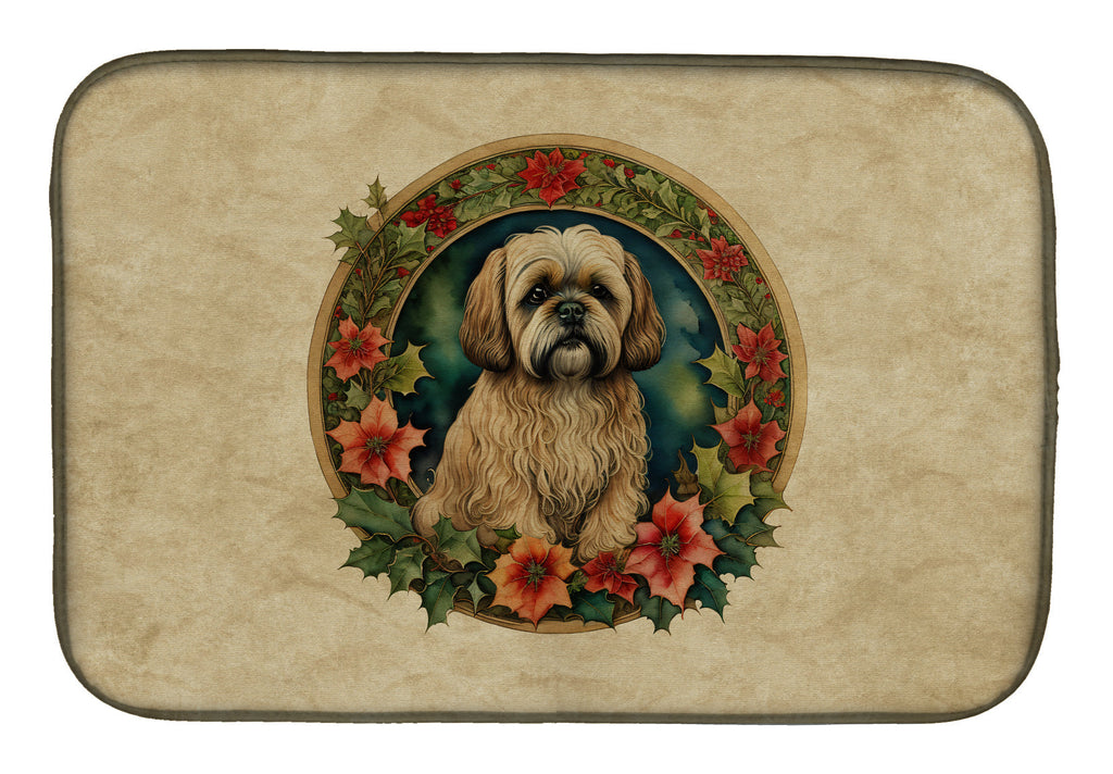 Lhasa Apso Christmas Flowers Dish Drying Mat Absorbent Dish Drying Mat Pad for Kitchen Counter Dish Drainer Mat for Countertop, 14 x 21", Multicolor