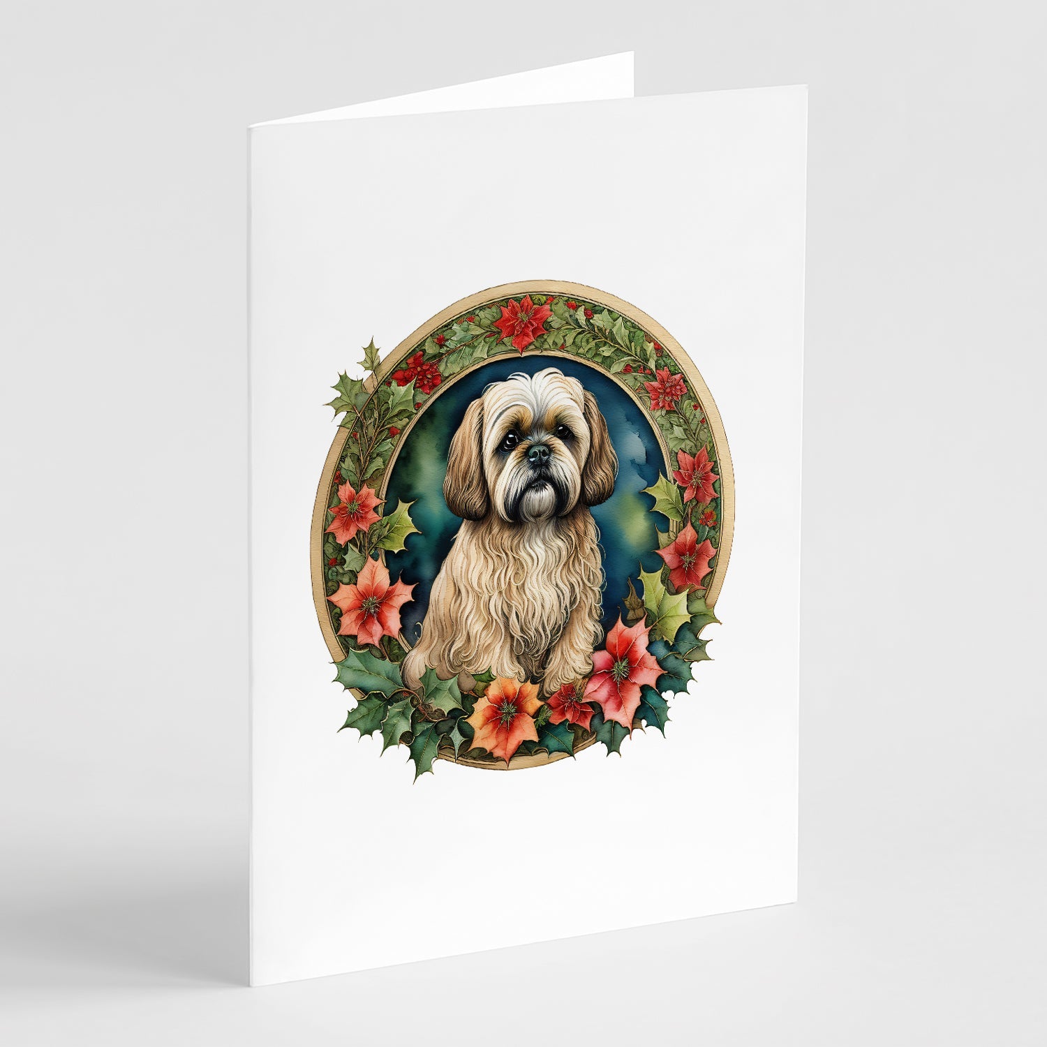 Lhasa Apso Christmas Flowers Greeting Cards Pack of 8 Blank Cards with Envelopes Whimsical A7 Size 5x7
