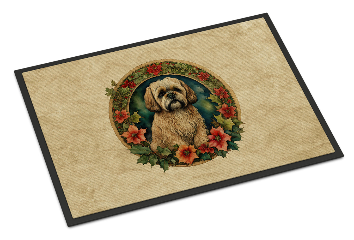 Lhasa Apso Christmas Flowers Doormat Indoor Outdoor 24H X 36W Front Door Mat Rugs for Entryway, Non Slip Washable Low Pile,