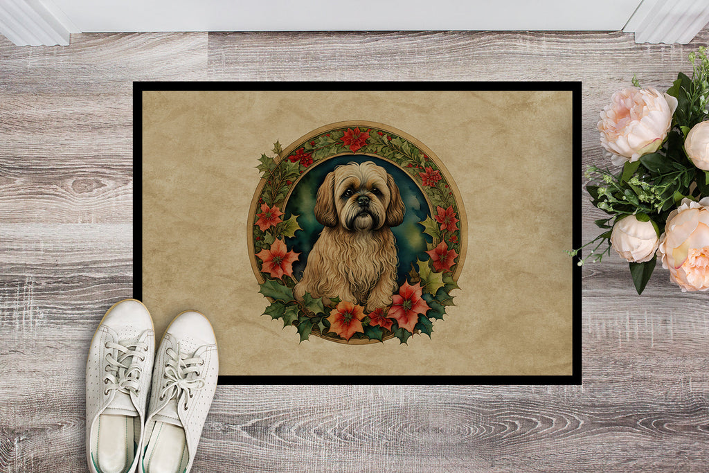 Lhasa Apso Christmas Flowers Doormat Indoor Outdoor 24H X 36W Front Door Mat Rugs for Entryway, Non Slip Washable Low Pile,