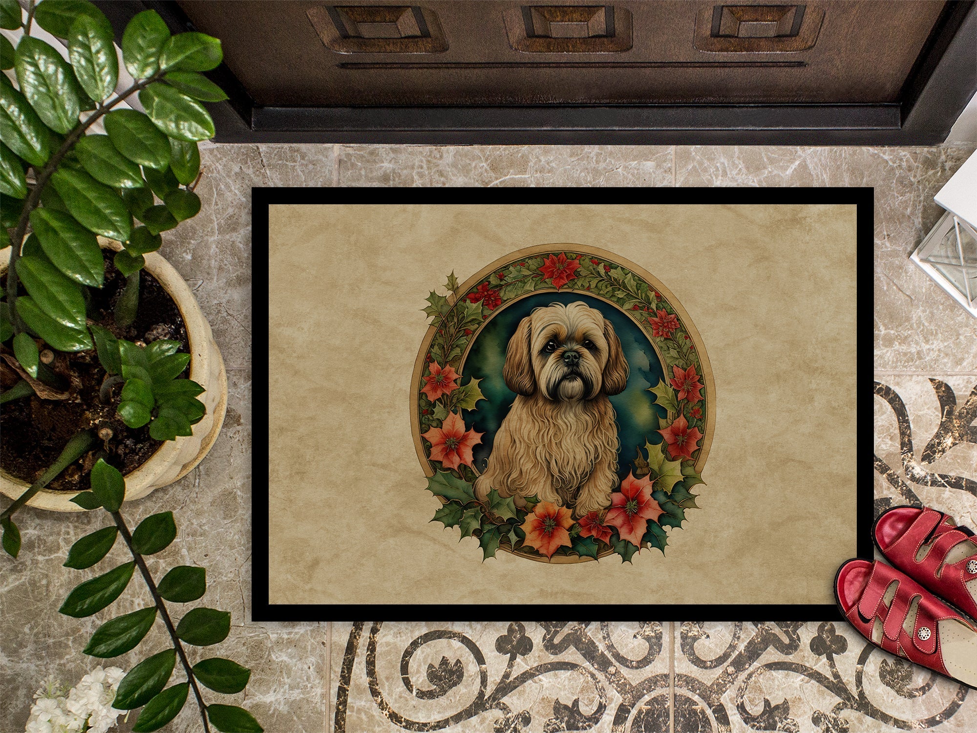 Lhasa Apso Christmas Flowers Doormat Indoor Outdoor 24H X 36W Front Door Mat Rugs for Entryway, Non Slip Washable Low Pile,