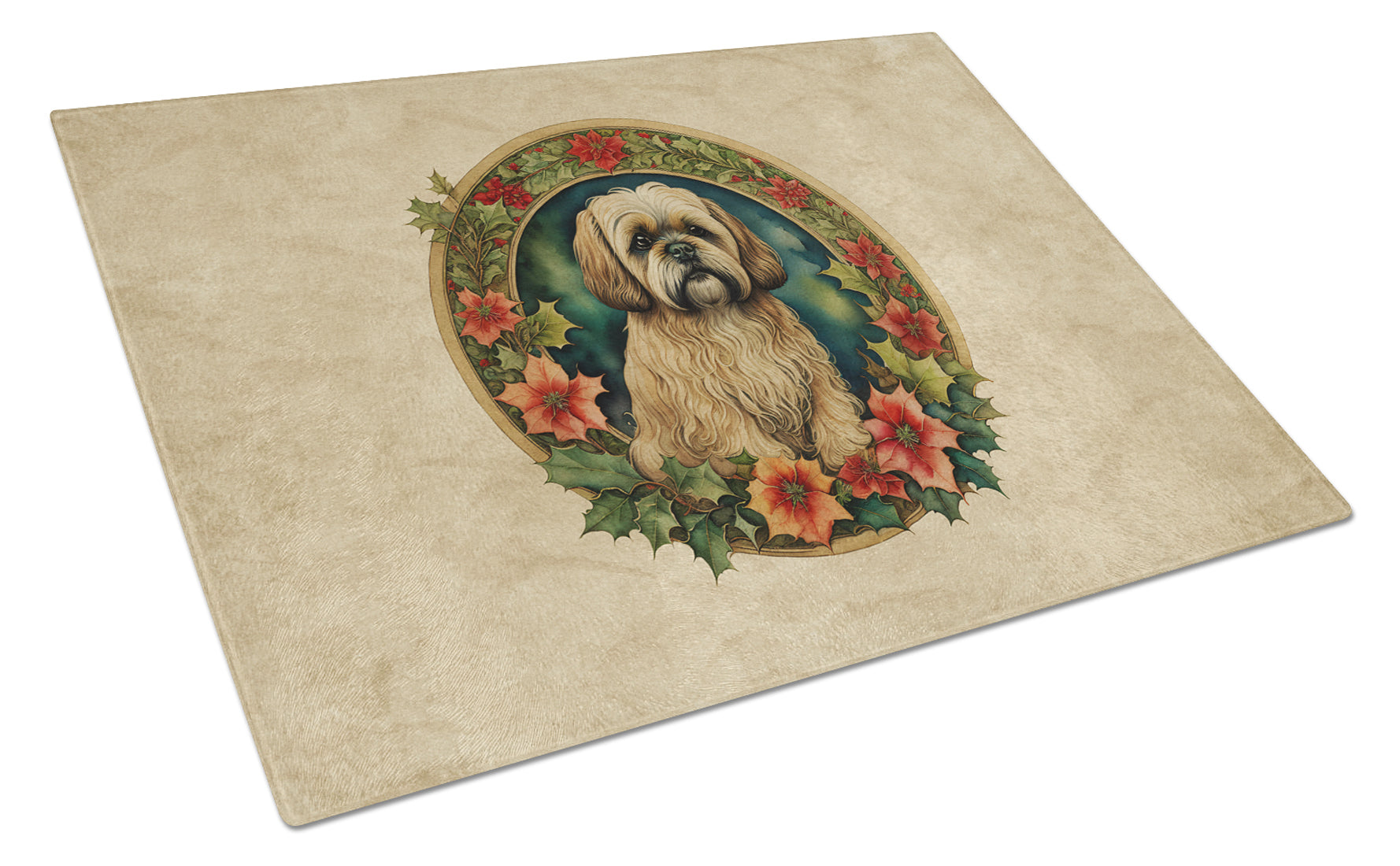 Lhasa Apso Christmas Flowers Cutting Board Tempered Glass Kitchen Cutting Surface, Heat Resistant Chopping, Non-Slip Feet, Food Prep & Serving