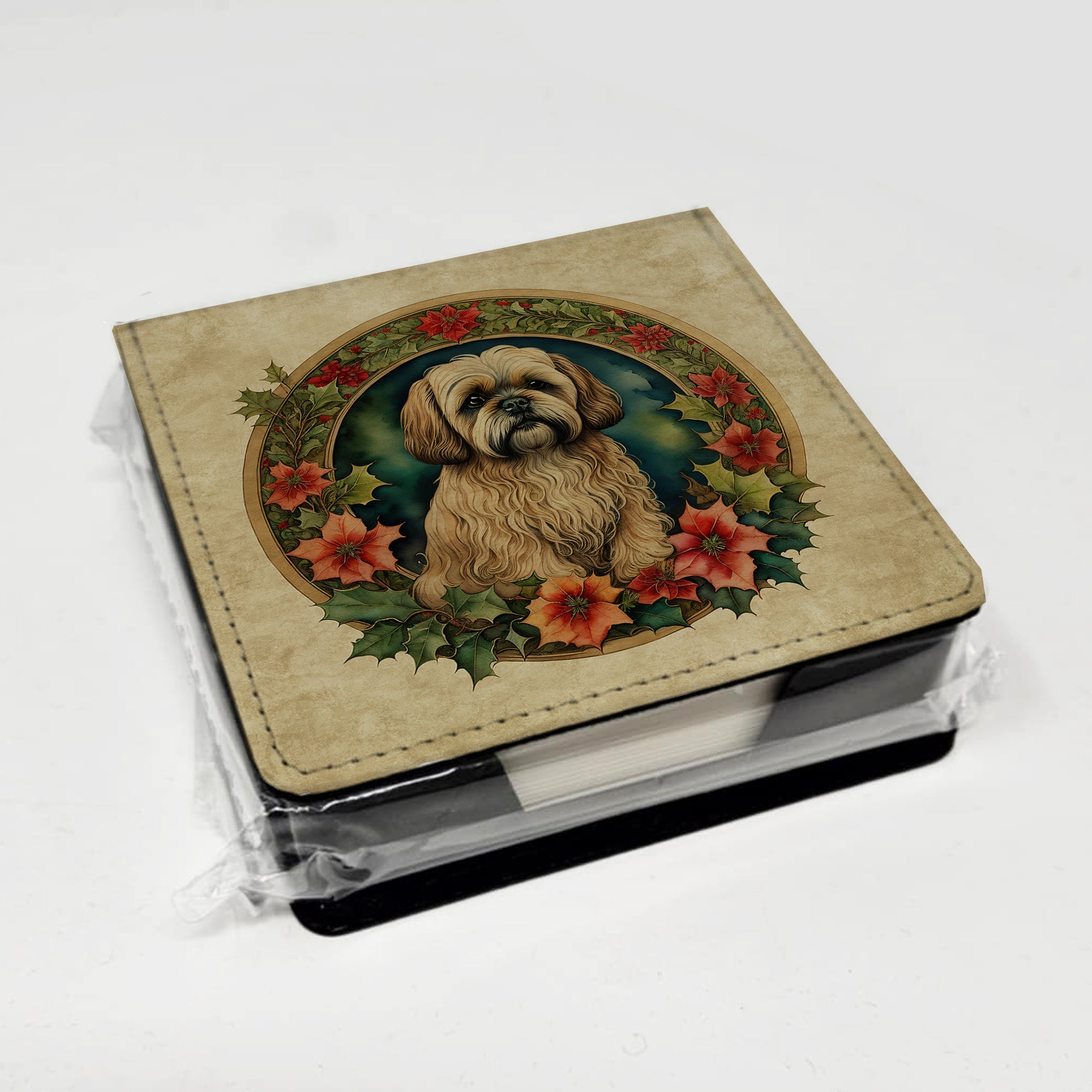 Lhasa Apso Christmas Flowers PU Leather Note Paper Holder with Artist-Designed Cover, Desk Accessory, Office Gift