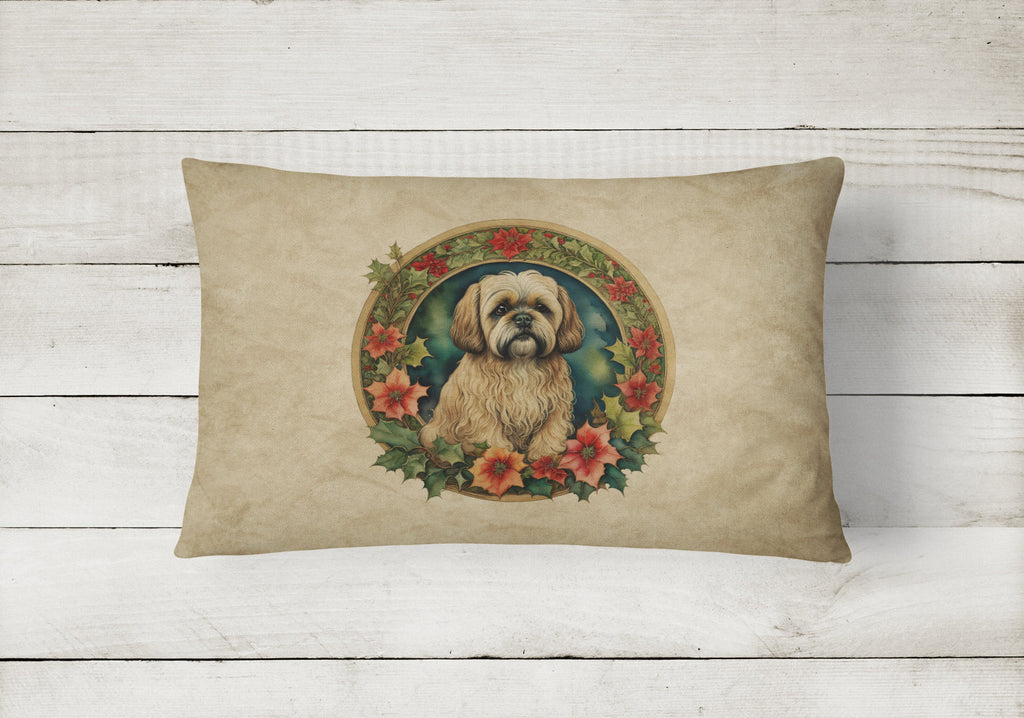 Lhasa Apso Christmas Flowers Decorative Throw Pillow 12x16 Indoor Outdoor Accent Cushion, Fabric Cover with Insert for Sofa, Bed, Porch & Living Room