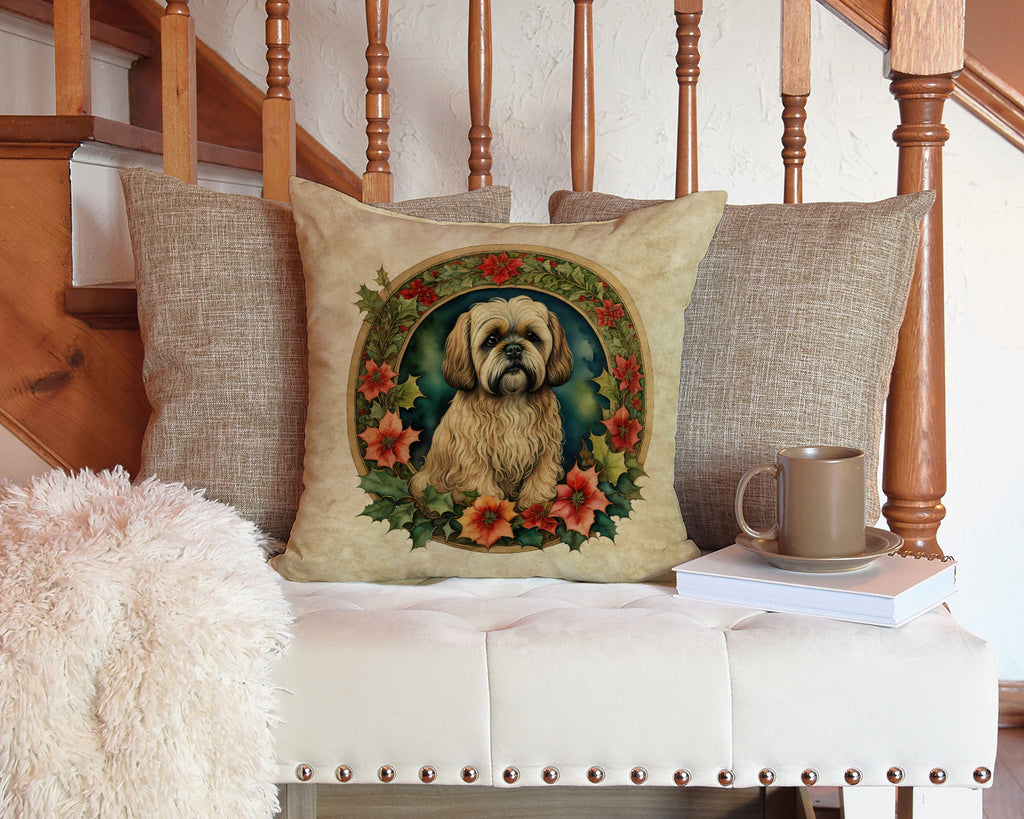 Lhasa Apso Christmas Flowers Decorative Throw Pillow 14x14 Indoor Outdoor Accent Cushion, Fabric Cover with Insert for Sofa, Bed, Porch & Living Room