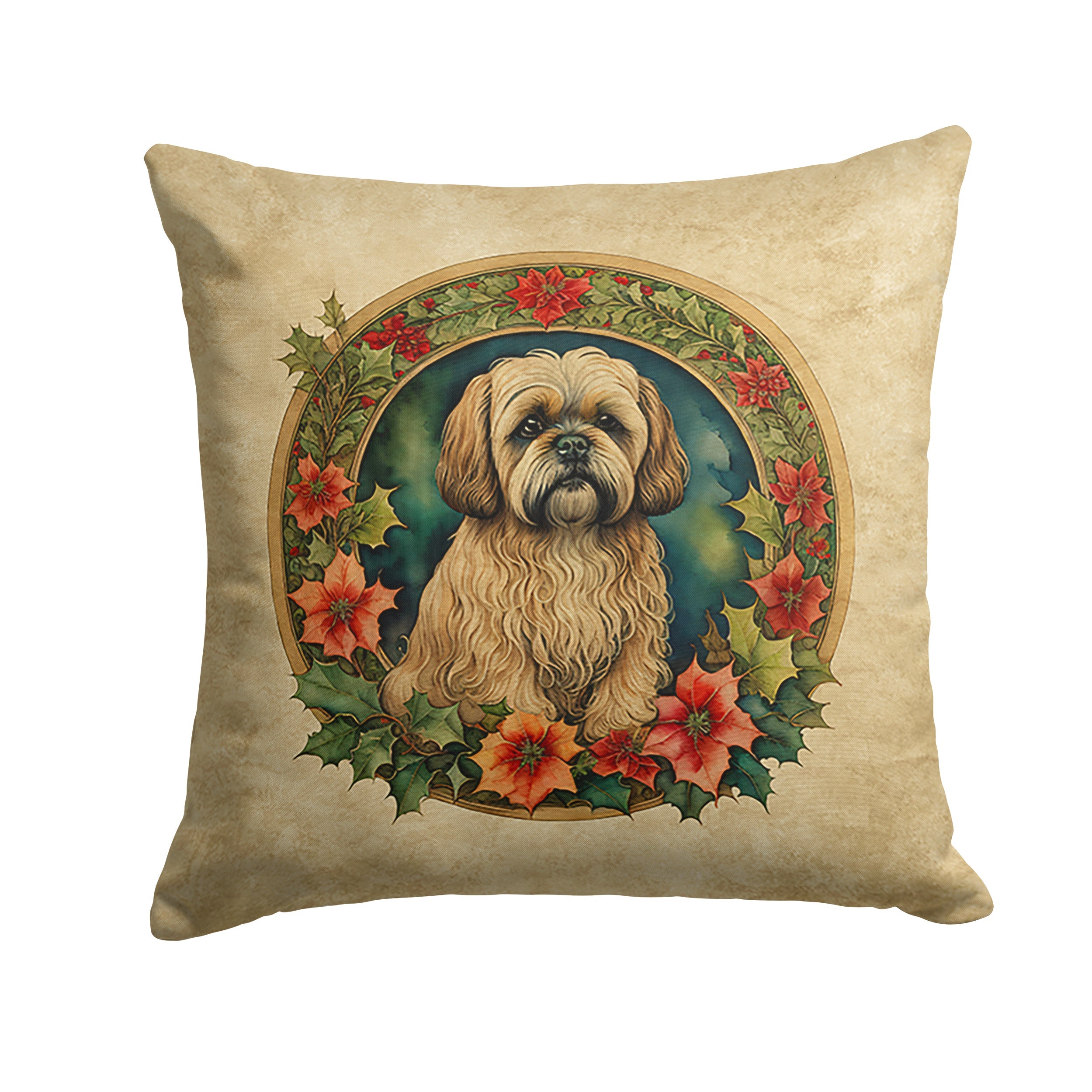 Lhasa Apso Christmas Flowers Decorative Throw Pillow 18x18 Indoor Outdoor Accent Cushion, Fabric Cover with Insert for Sofa, Bed, Porch & Living Room