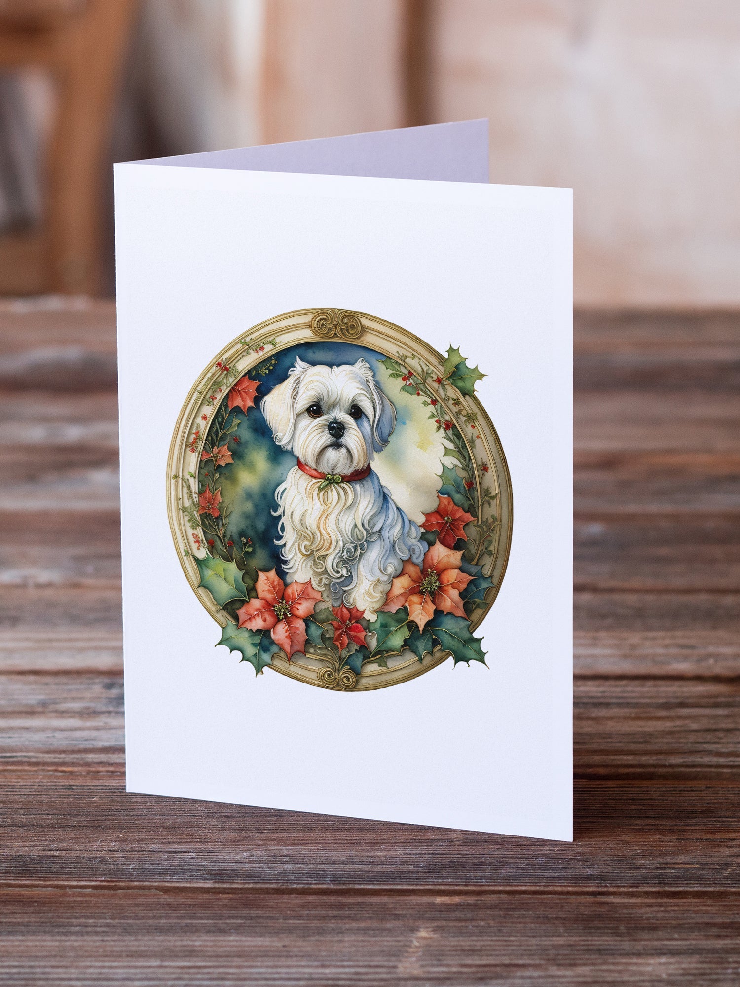Maltese Christmas Flowers Greeting Cards Pack of 8 Blank Cards with Envelopes Whimsical A7 Size 5x7