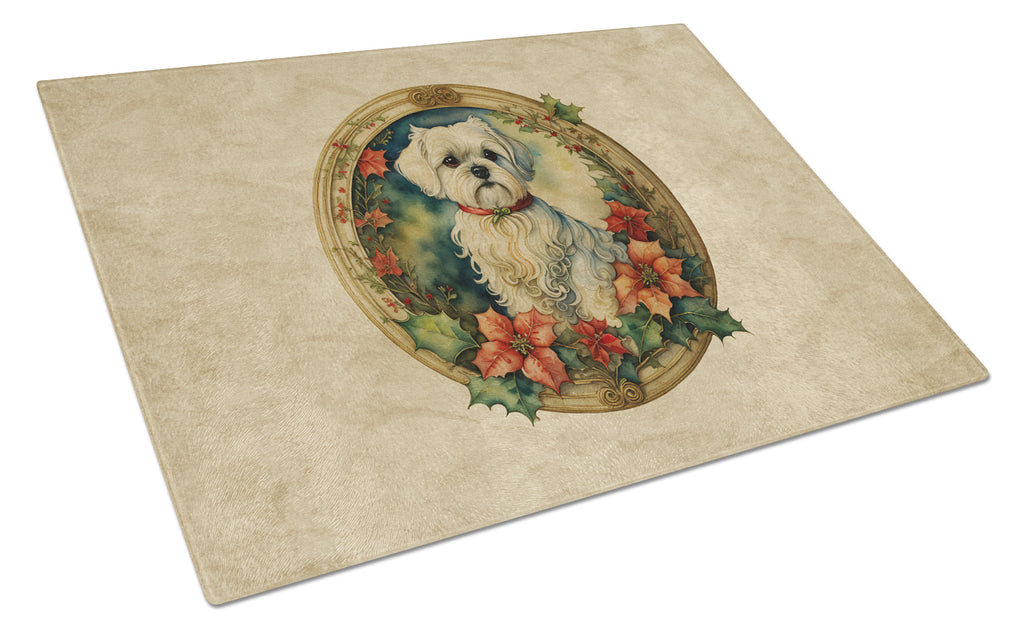 Maltese Christmas Flowers Cutting Board Tempered Glass Kitchen Cutting Surface, Heat Resistant Chopping, Non-Slip Feet, Food Prep & Serving
